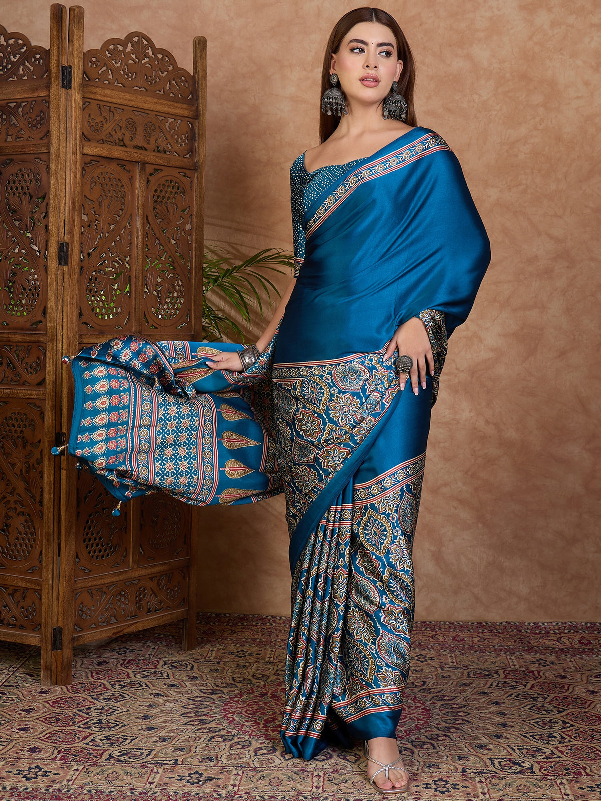 Heritage Function Wear Satin Silk Ajrak Print Rich Pallu Fancy Saree With Unstitched Blouse Piece