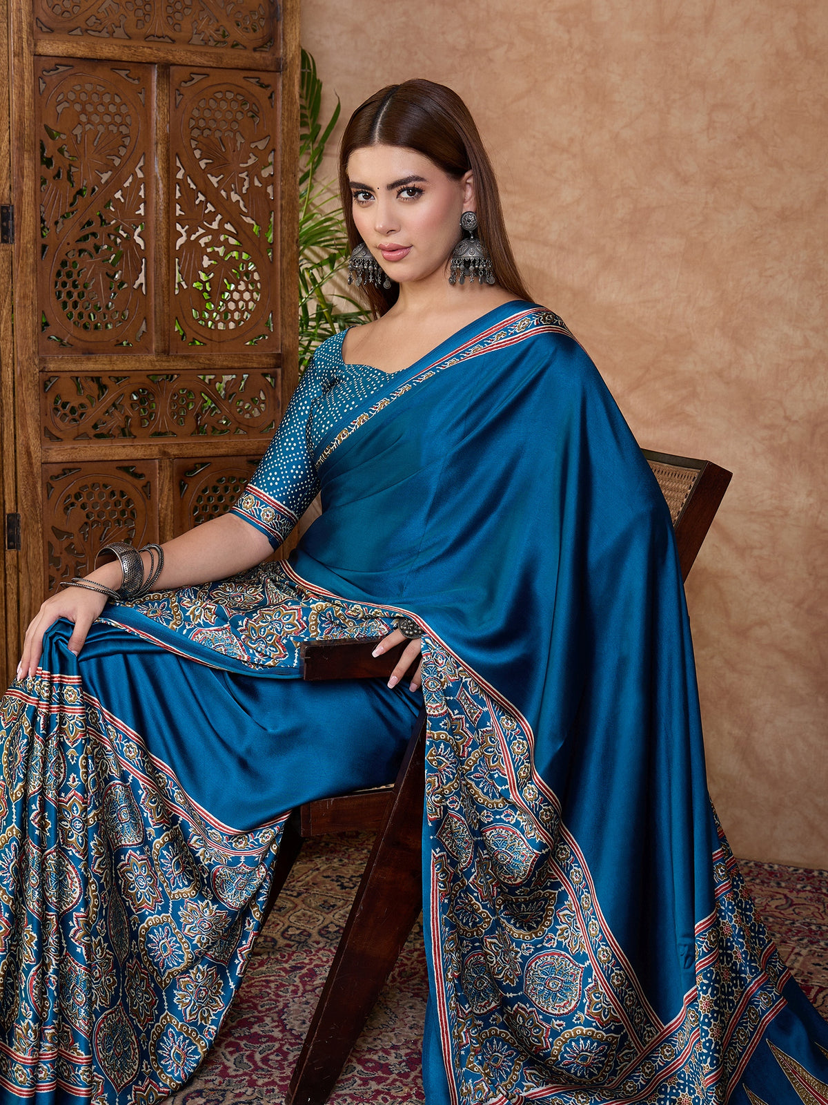 Heritage Function Wear Satin Silk Ajrak Print Rich Pallu Fancy Saree With Unstitched Blouse Piece