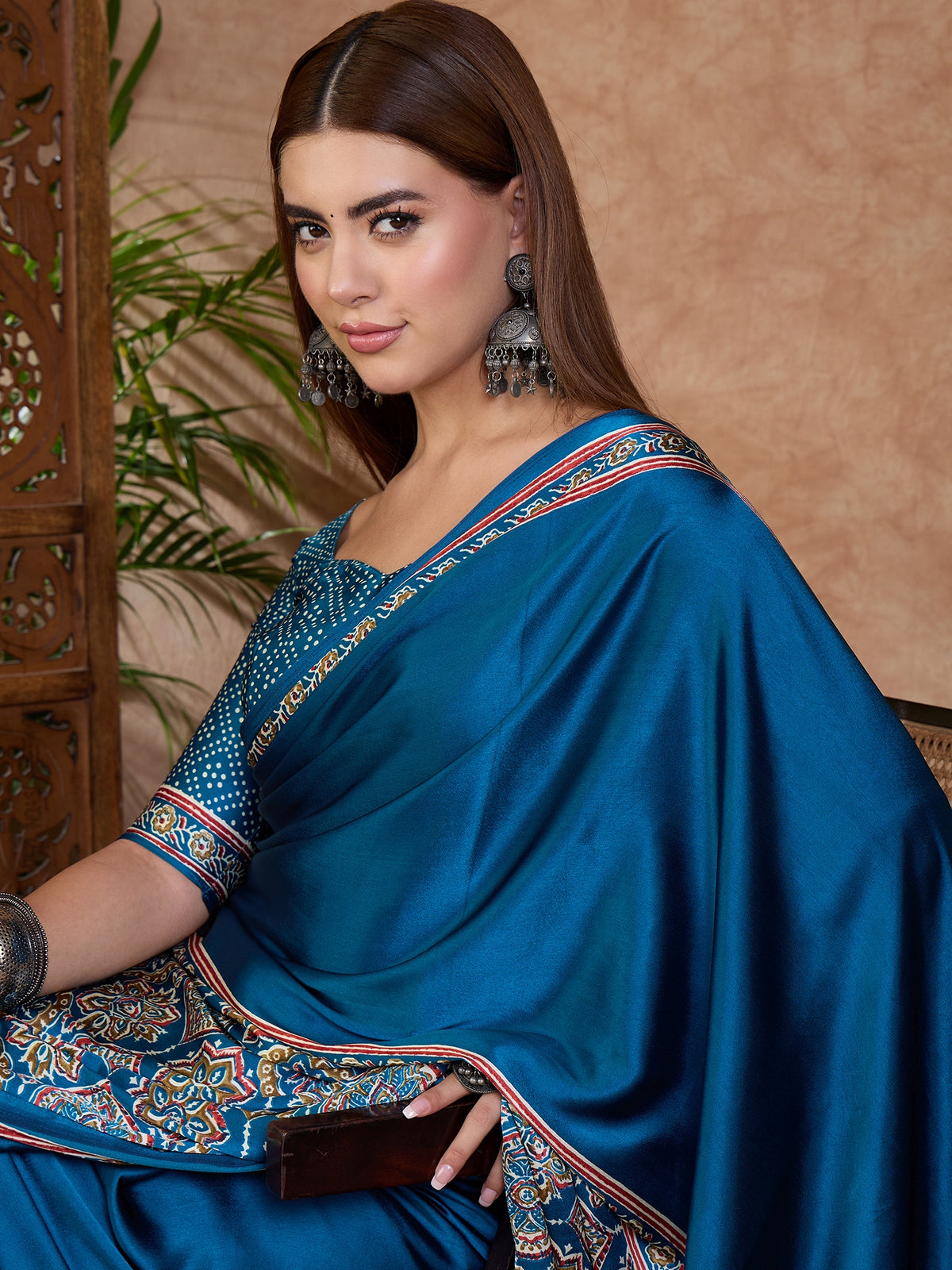 Heritage Function Wear Satin Silk Ajrak Print Rich Pallu Fancy Saree With Unstitched Blouse Piece