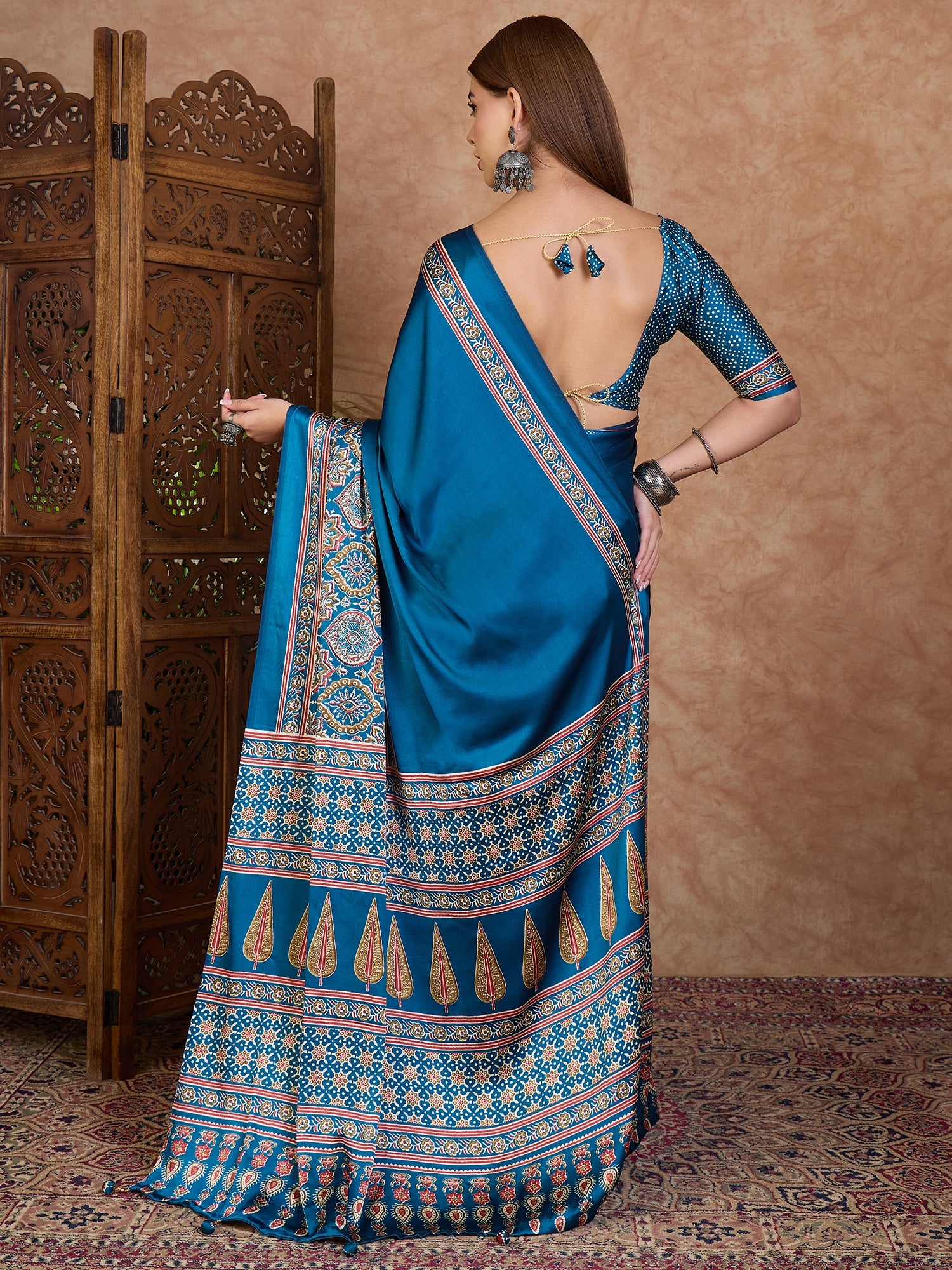 Heritage Function Wear Satin Silk Ajrak Print Rich Pallu Fancy Saree With Unstitched Blouse Piece