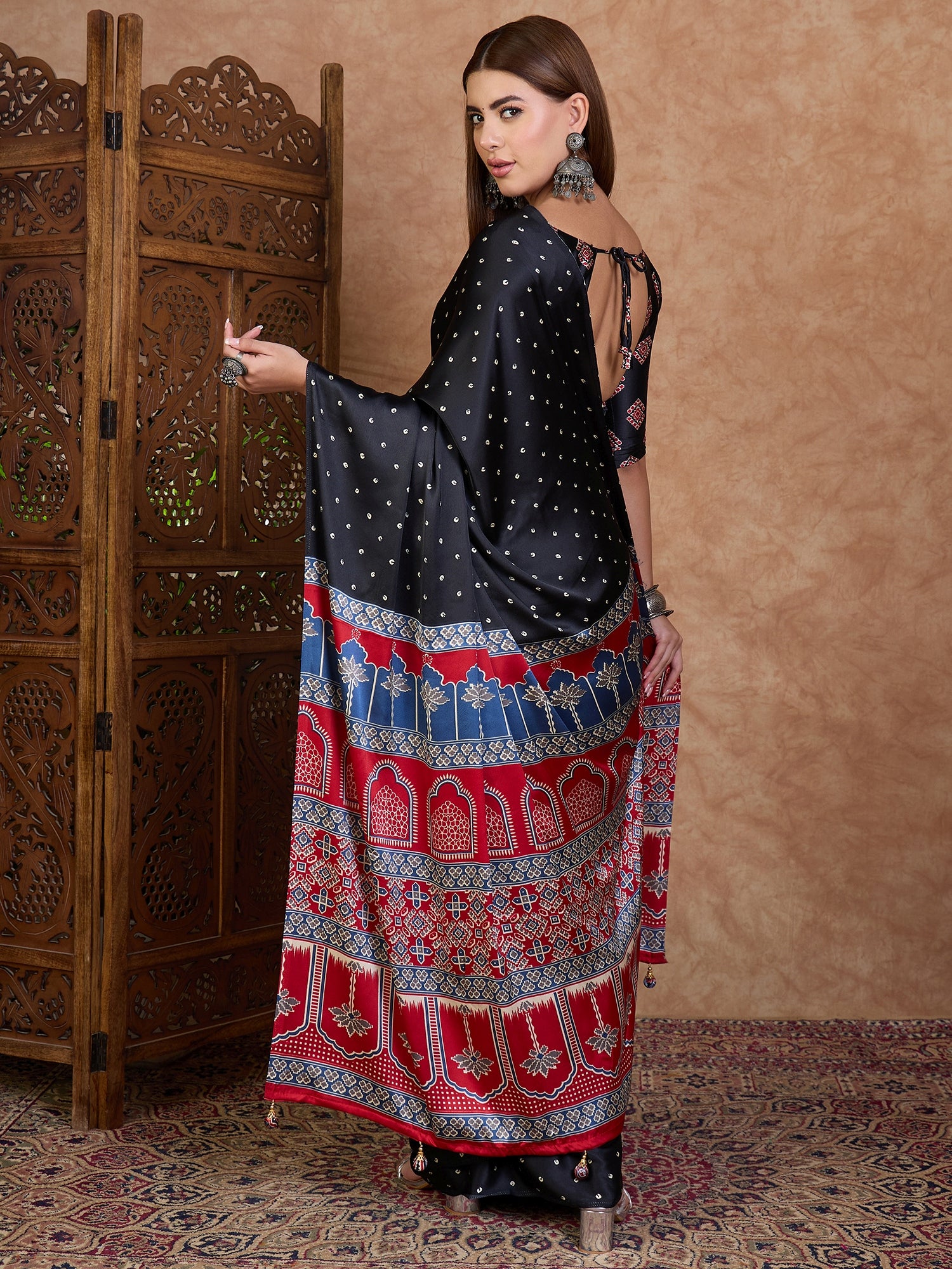 Scrupulous Party Wear Satin Silk Ajrak Printed Rich Pallu Designer Saree With Unstitched Blouse Piece