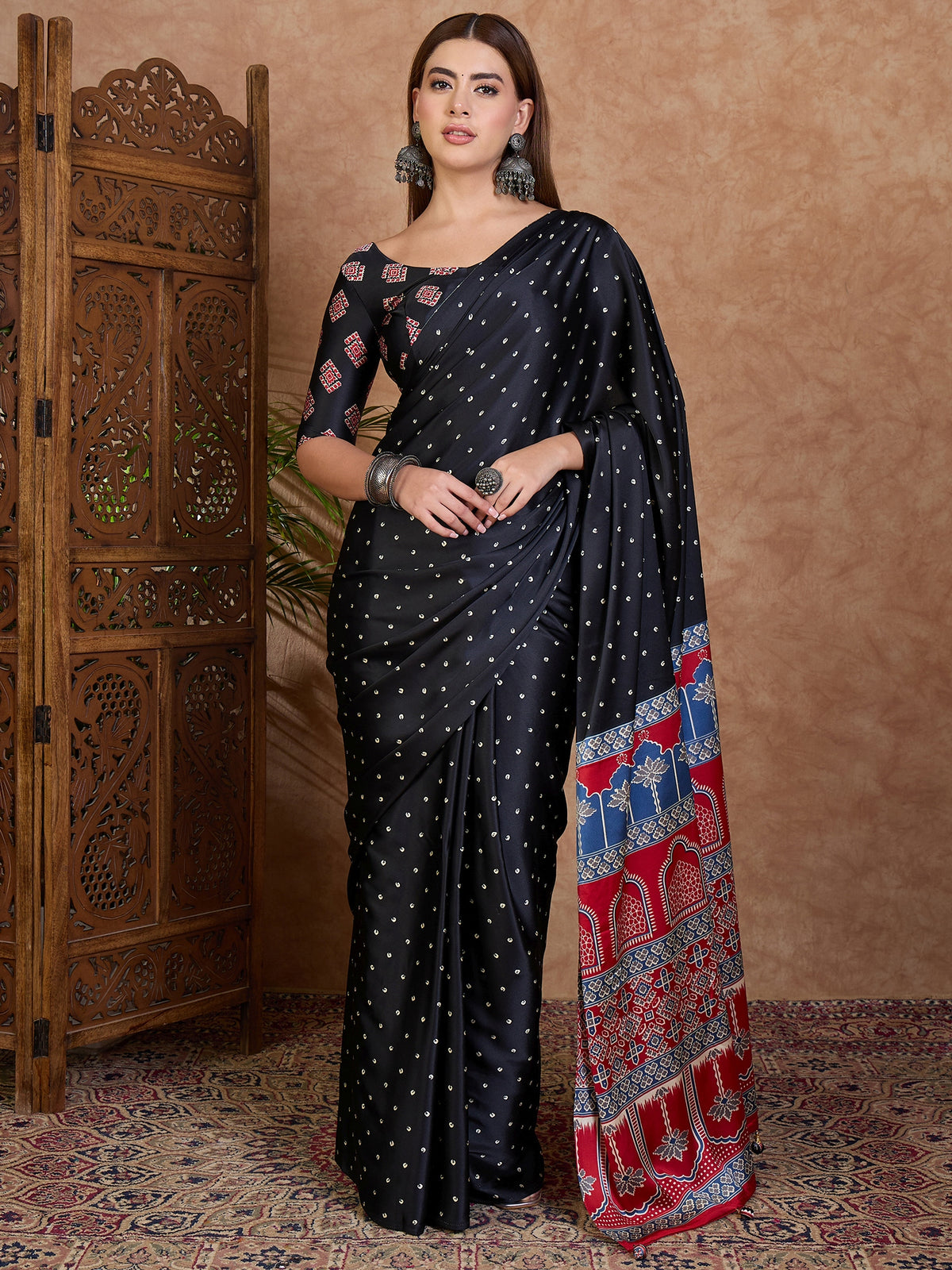Scrupulous Party Wear Satin Silk Ajrak Printed Rich Pallu Designer Saree With Unstitched Blouse Piece