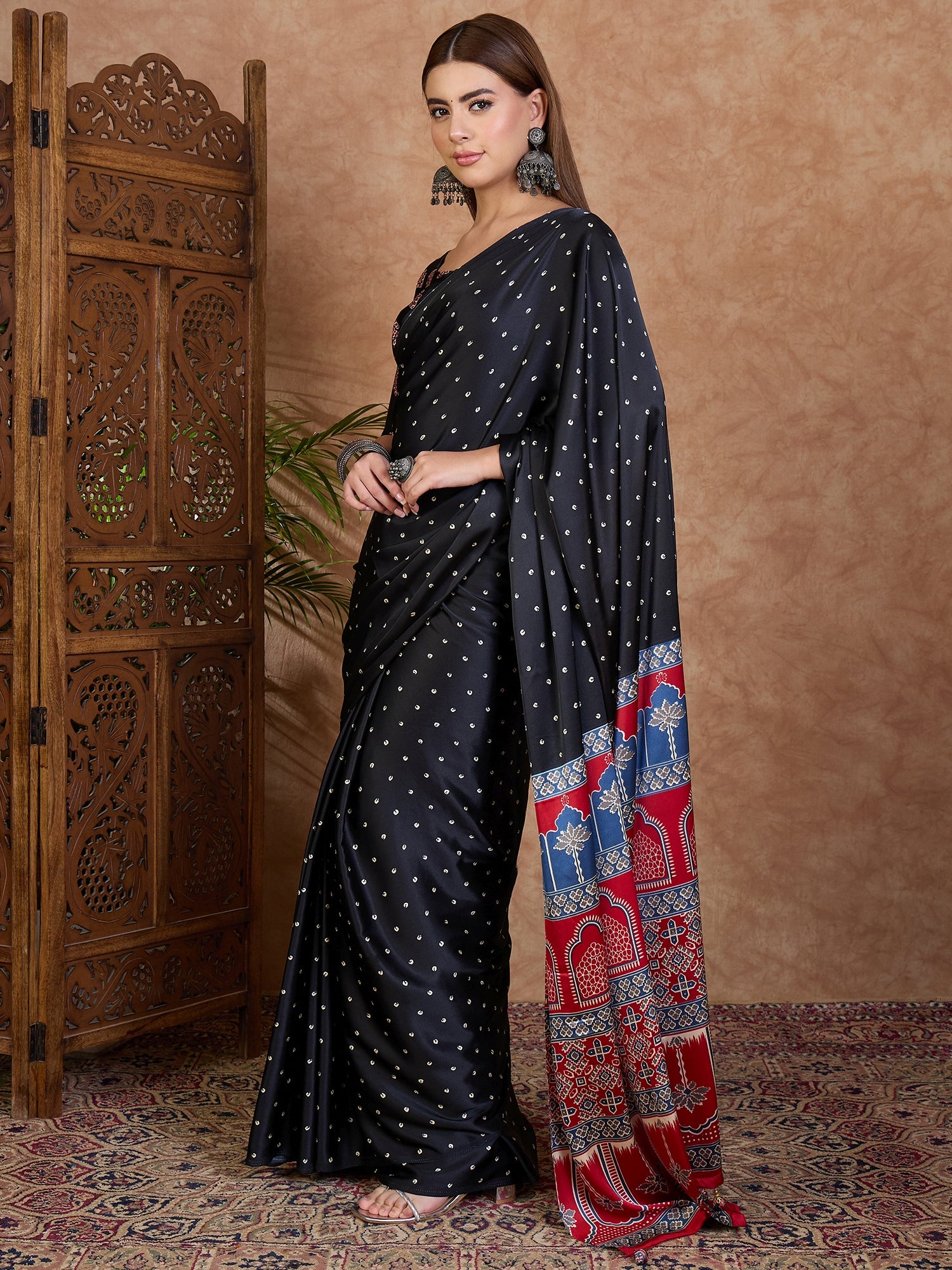 Scrupulous Party Wear Satin Silk Ajrak Printed Rich Pallu Designer Saree With Unstitched Blouse Piece