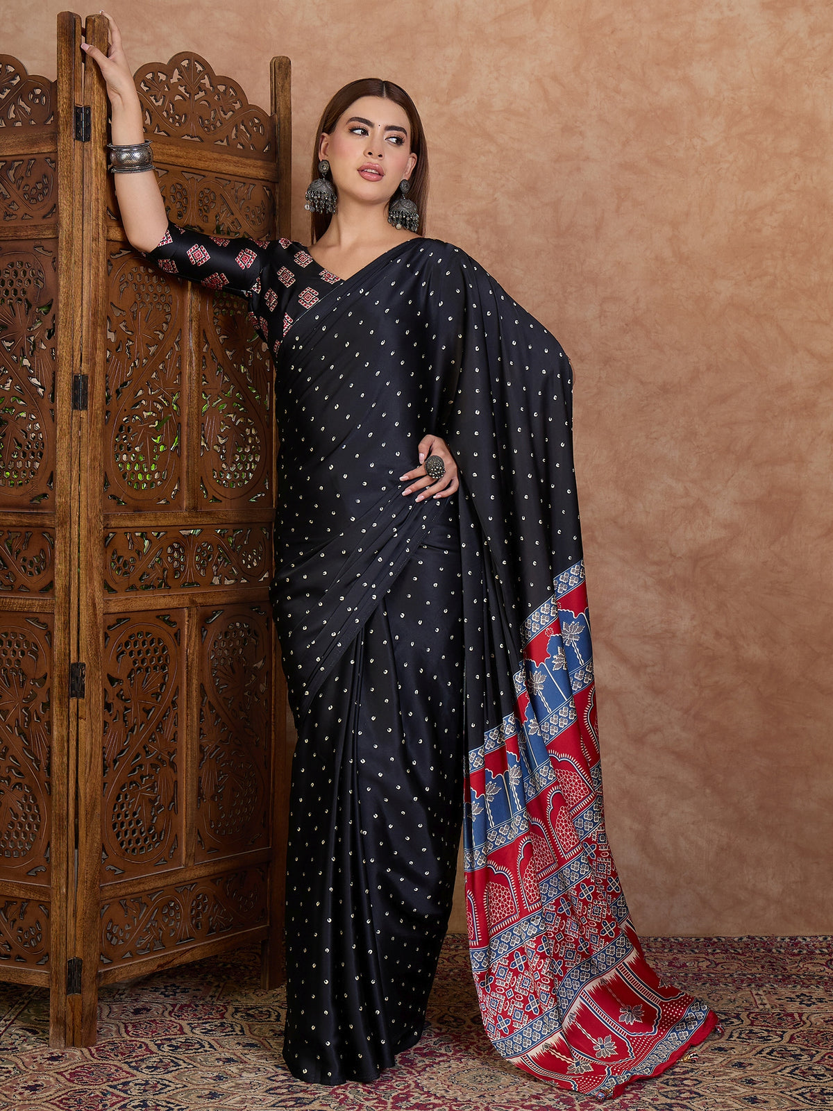 Scrupulous Party Wear Satin Silk Ajrak Printed Rich Pallu Designer Saree With Unstitched Blouse Piece