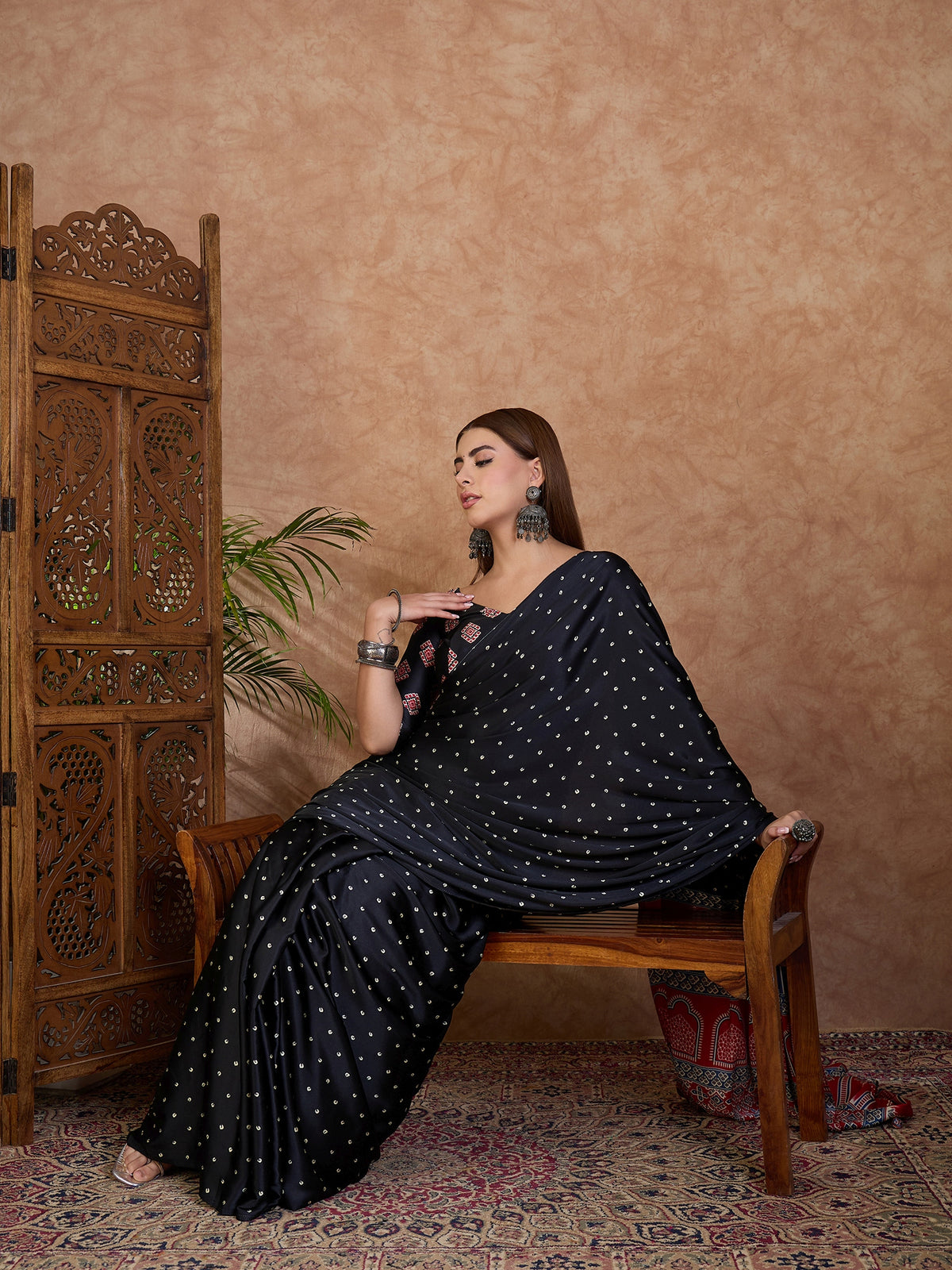 Scrupulous Party Wear Satin Silk Ajrak Printed Rich Pallu Designer Saree With Unstitched Blouse Piece
