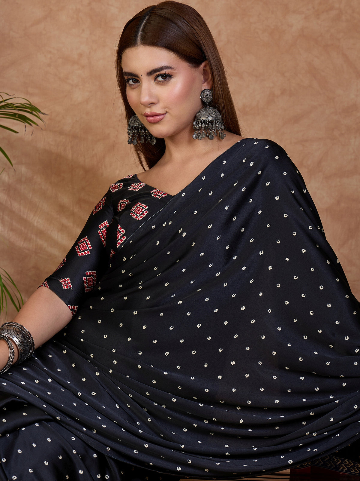 Scrupulous Party Wear Satin Silk Ajrak Printed Rich Pallu Designer Saree With Unstitched Blouse Piece