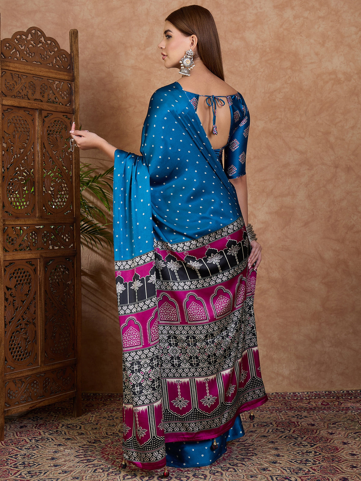 Scrupulous Party Wear Satin Silk Ajrak Printed Rich Pallu Designer Saree With Unstitched Blouse Piece