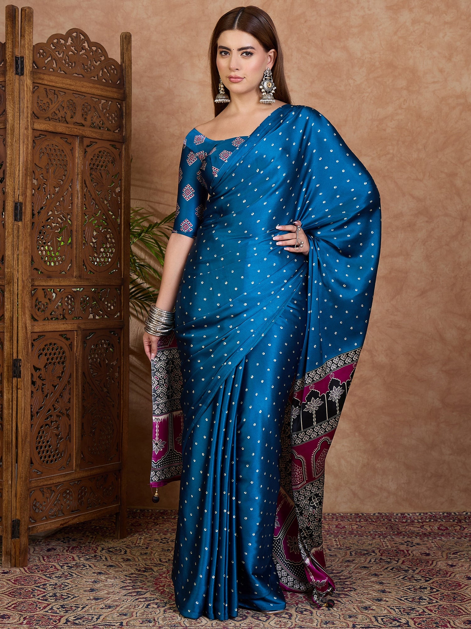 Scrupulous Party Wear Satin Silk Ajrak Printed Rich Pallu Designer Saree With Unstitched Blouse Piece