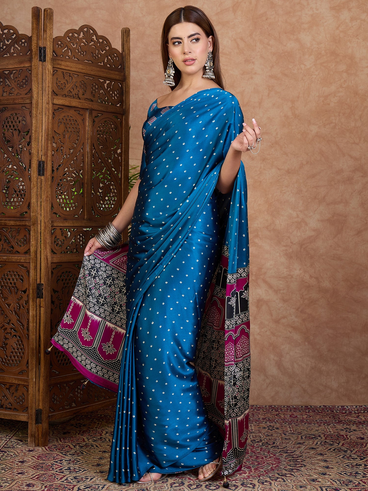 Scrupulous Party Wear Satin Silk Ajrak Printed Rich Pallu Designer Saree With Unstitched Blouse Piece