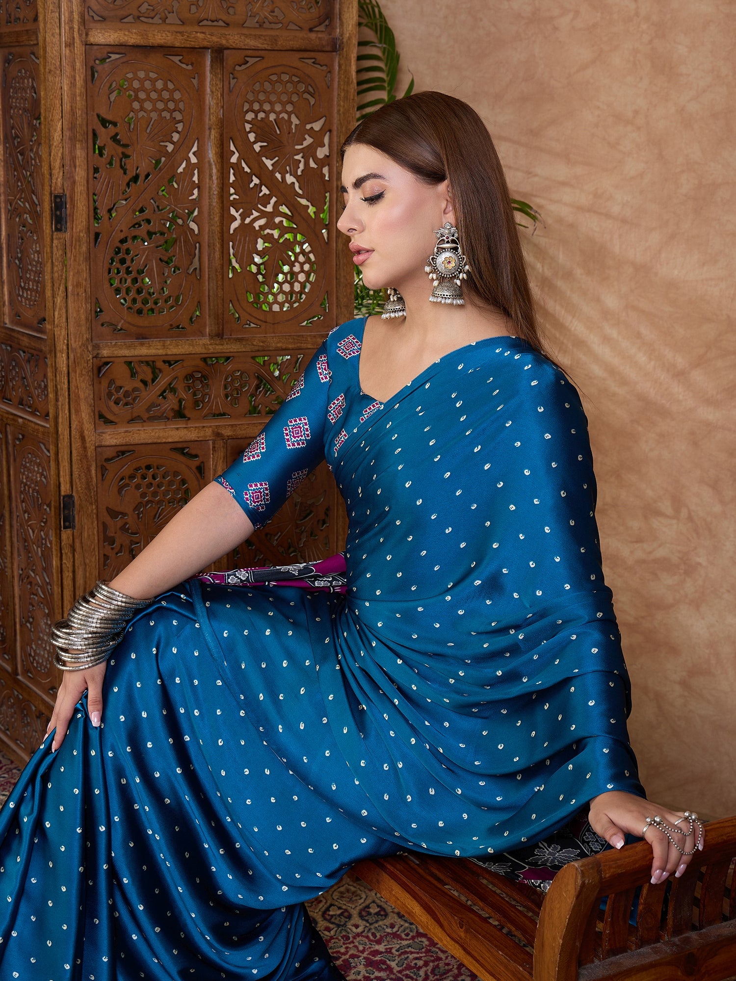 Scrupulous Party Wear Satin Silk Ajrak Printed Rich Pallu Designer Saree With Unstitched Blouse Piece