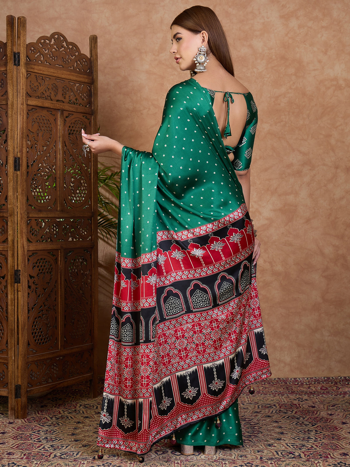 Scrupulous Party Wear Satin Silk Ajrak Printed Rich Pallu Designer Saree With Unstitched Blouse Piece