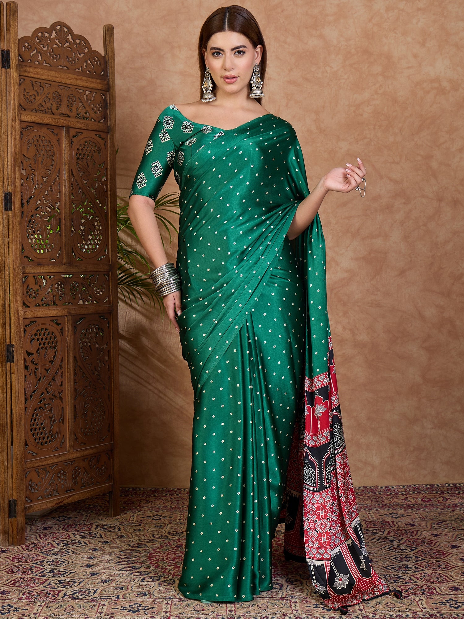 Scrupulous Party Wear Satin Silk Ajrak Printed Rich Pallu Designer Saree With Unstitched Blouse Piece
