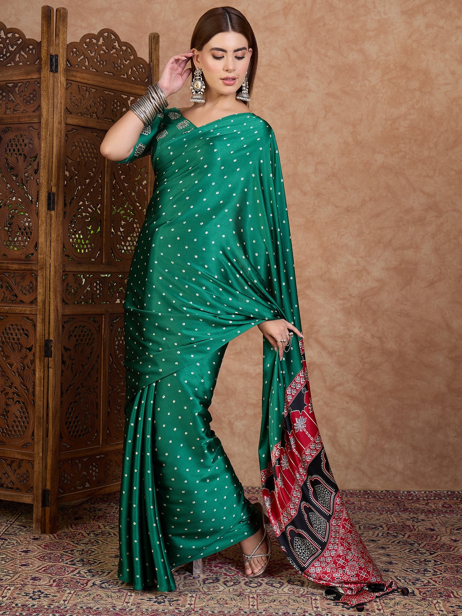 Scrupulous Party Wear Satin Silk Ajrak Printed Rich Pallu Designer Saree With Unstitched Blouse Piece