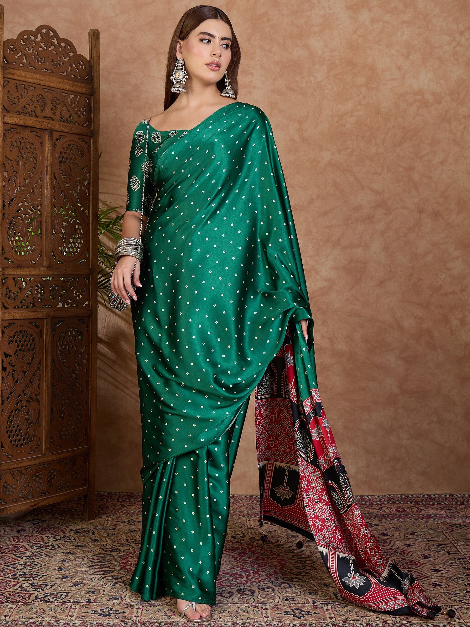 Scrupulous Party Wear Satin Silk Ajrak Printed Rich Pallu Designer Saree With Unstitched Blouse Piece