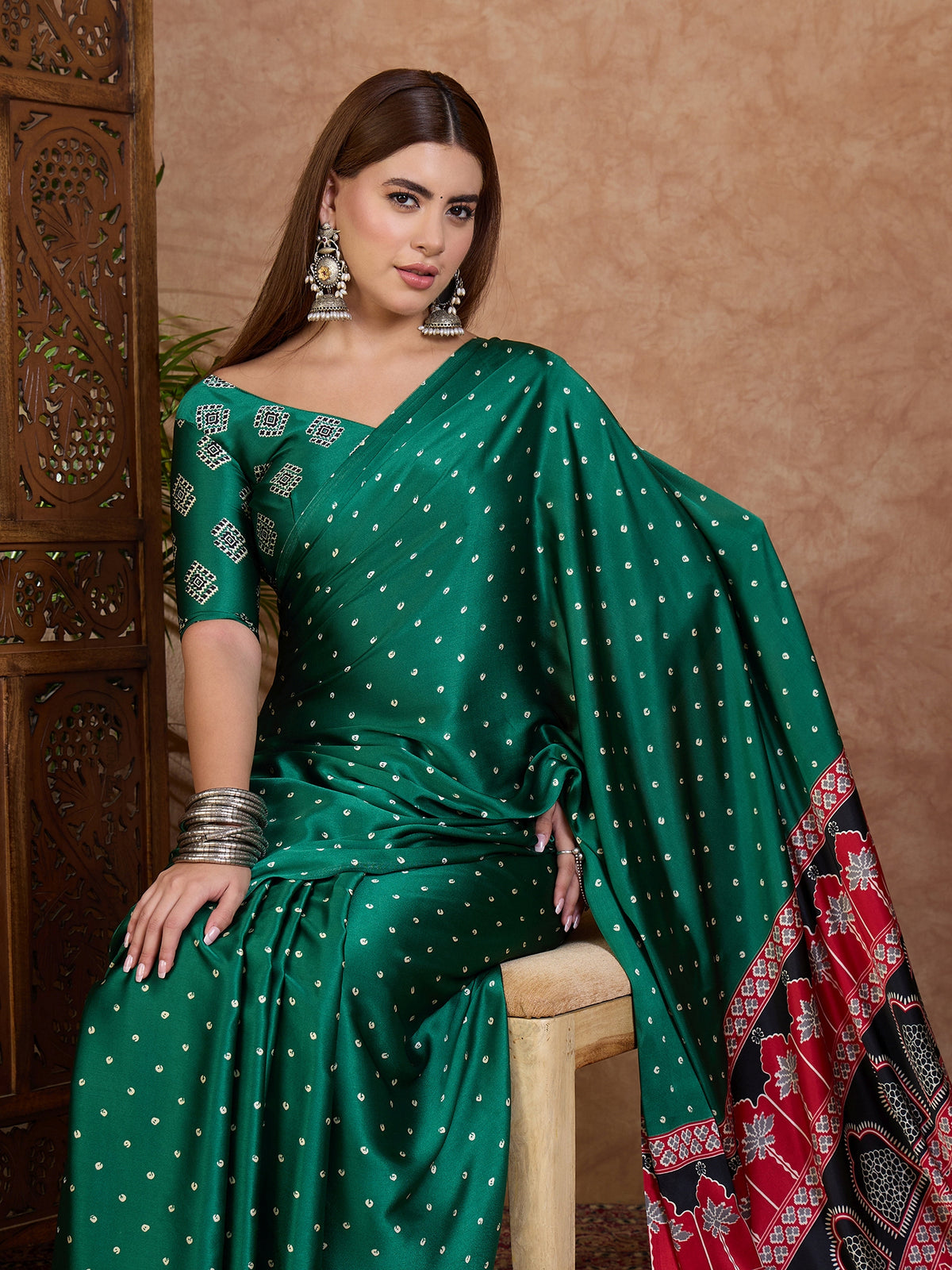 Scrupulous Party Wear Satin Silk Ajrak Printed Rich Pallu Designer Saree With Unstitched Blouse Piece