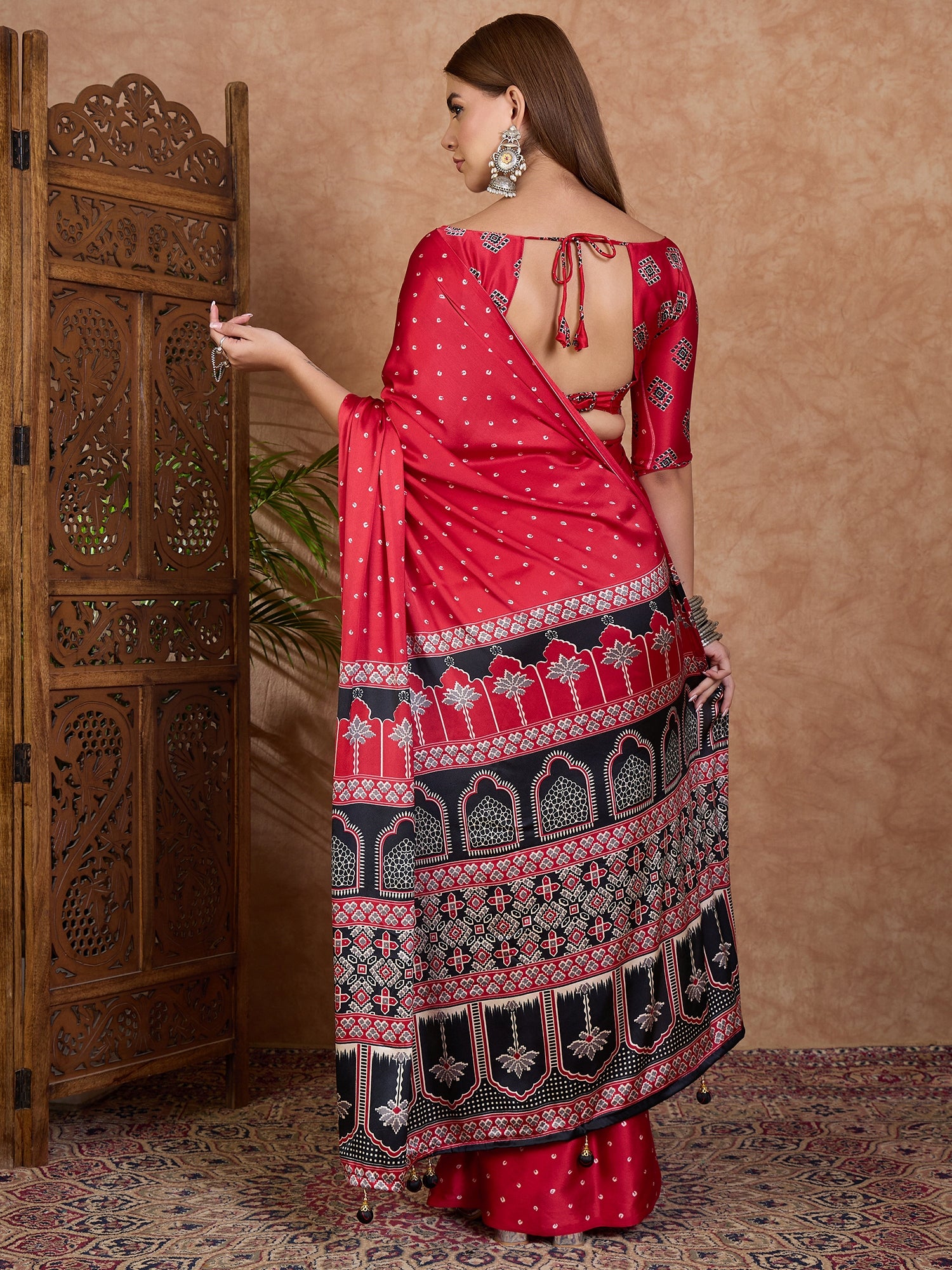 Scrupulous Party Wear Satin Silk Ajrak Printed Rich Pallu Designer Saree With Unstitched Blouse Piece