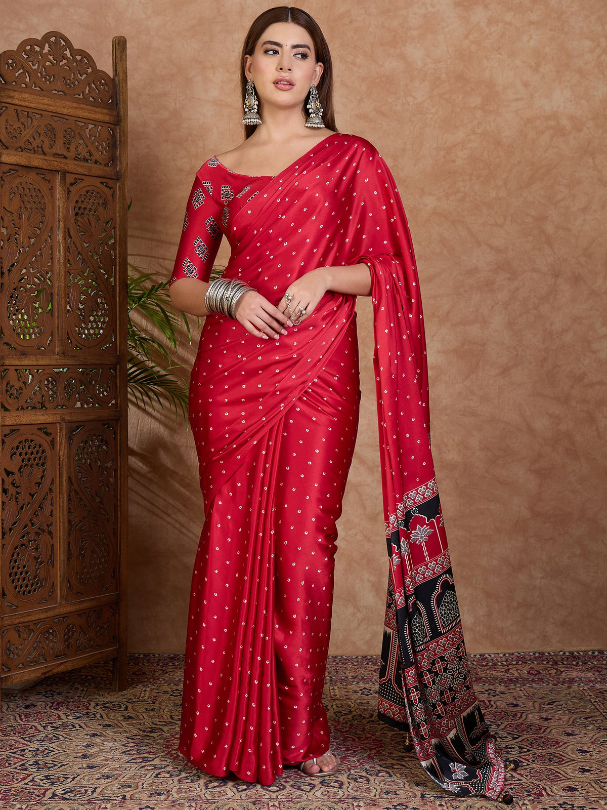 Scrupulous Party Wear Satin Silk Ajrak Printed Rich Pallu Designer Saree With Unstitched Blouse Piece