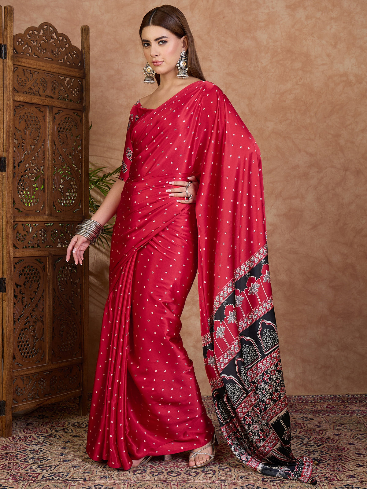 Scrupulous Party Wear Satin Silk Ajrak Printed Rich Pallu Designer Saree With Unstitched Blouse Piece