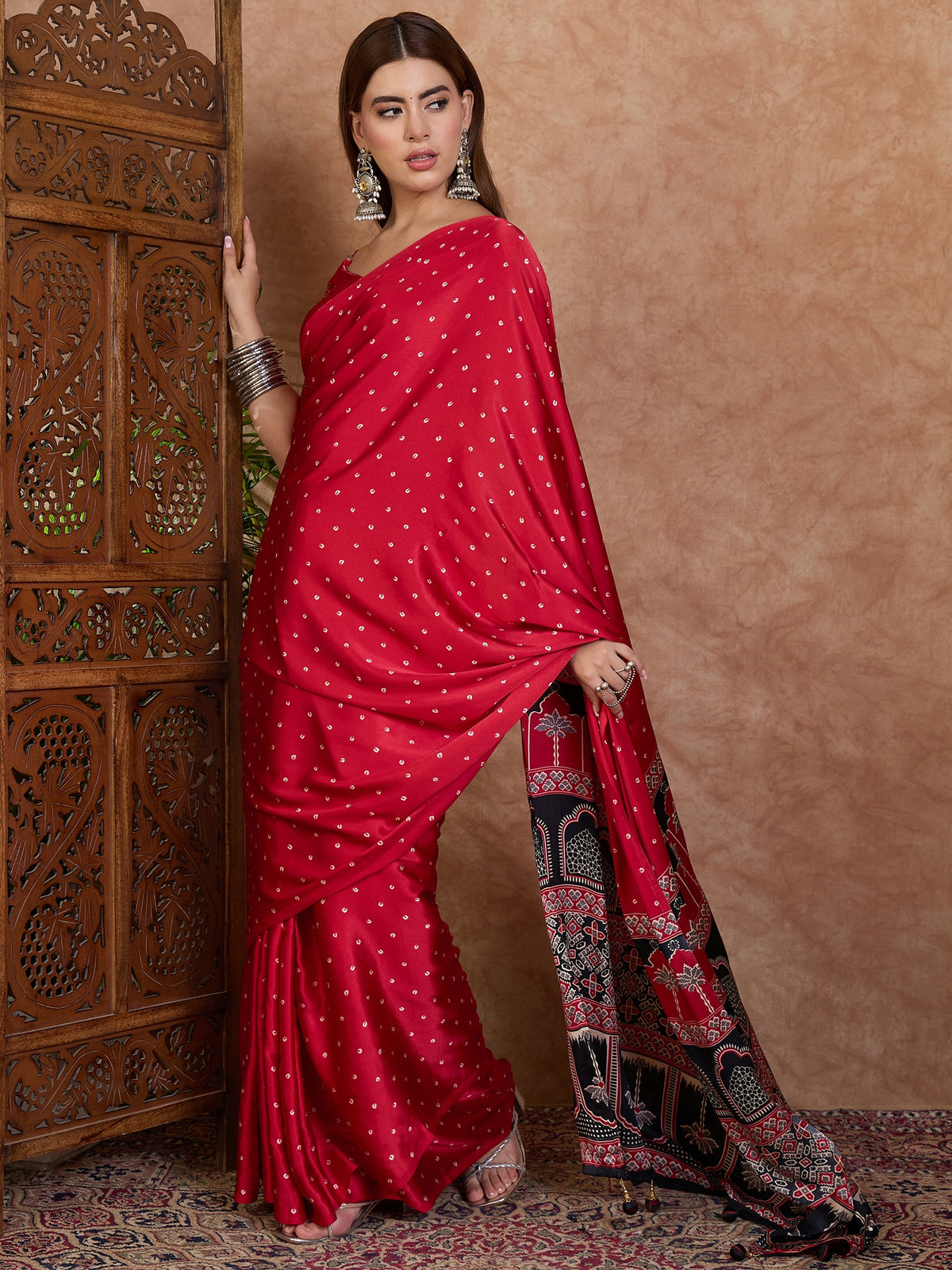 Scrupulous Party Wear Satin Silk Ajrak Printed Rich Pallu Designer Saree With Unstitched Blouse Piece