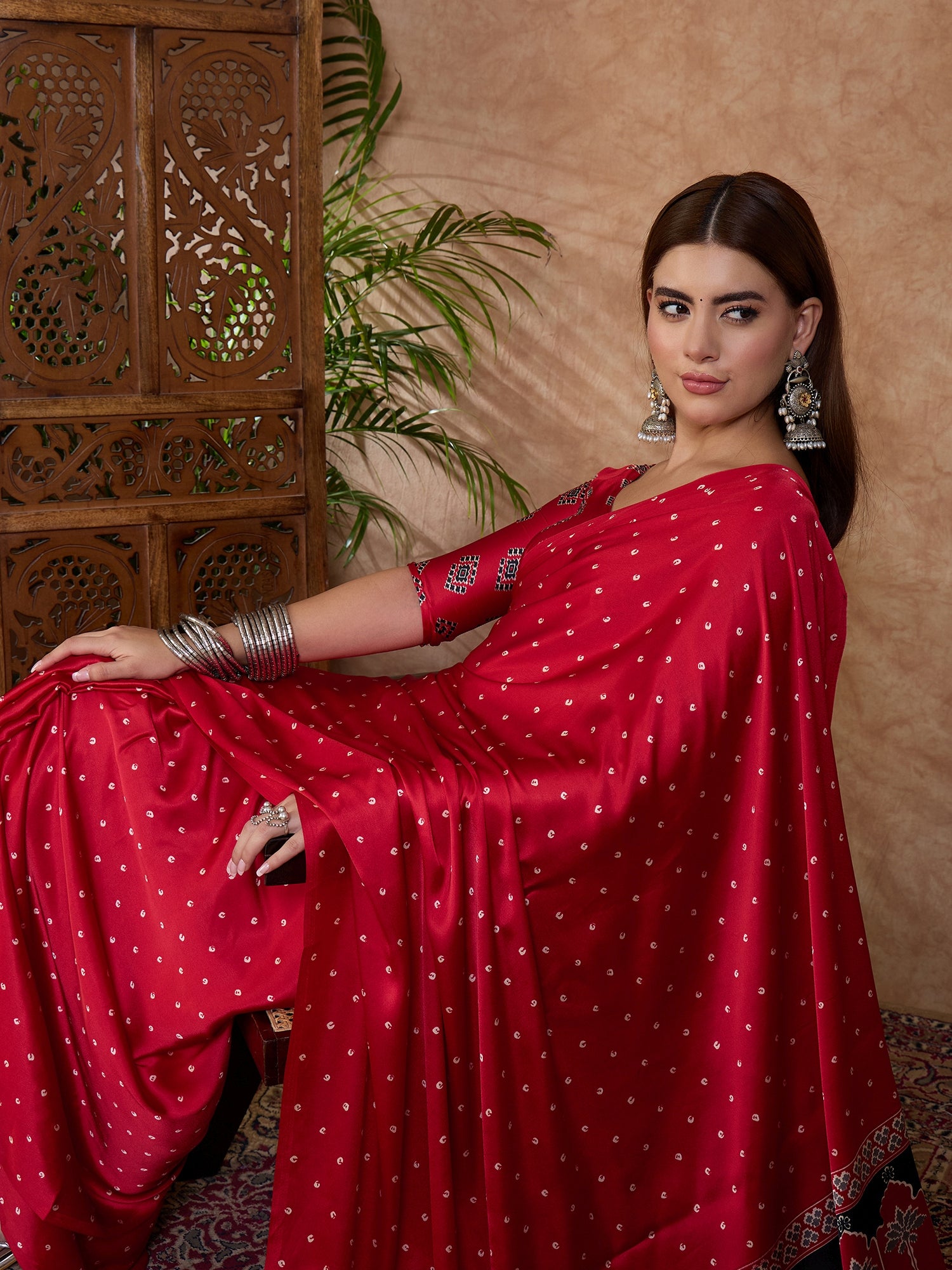 Scrupulous Party Wear Satin Silk Ajrak Printed Rich Pallu Designer Saree With Unstitched Blouse Piece