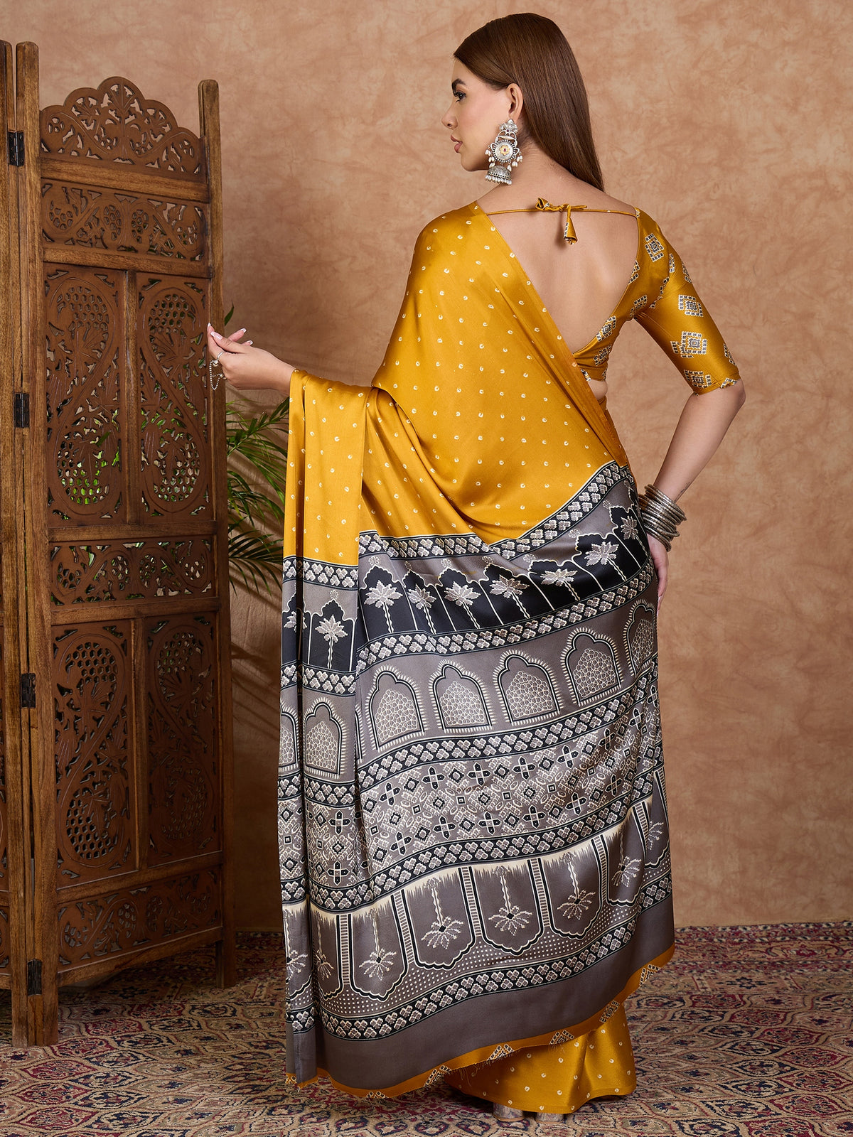 Scrupulous Party Wear Satin Silk Ajrak Printed Rich Pallu Designer Saree With Unstitched Blouse Piece