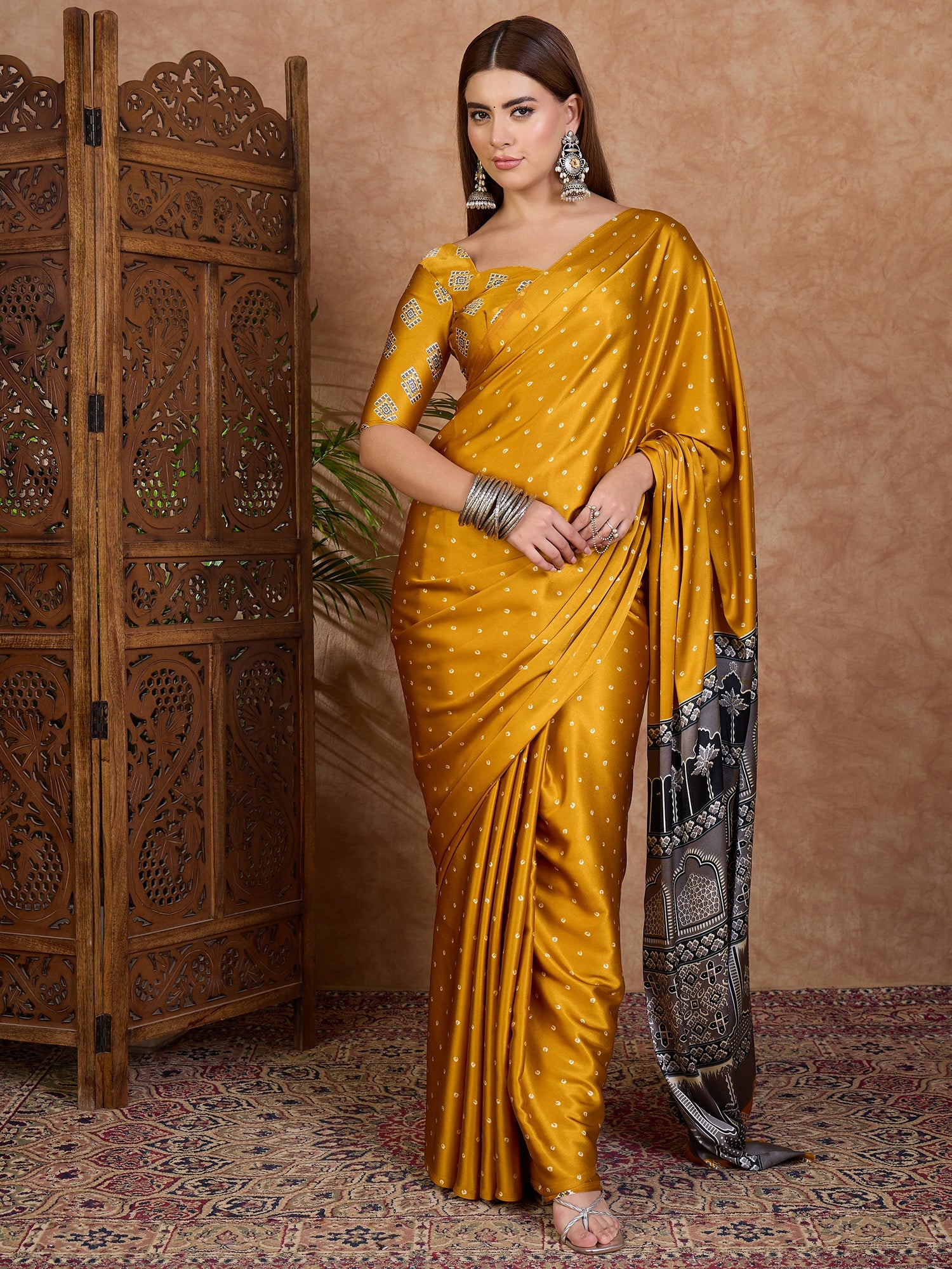 Scrupulous Party Wear Satin Silk Ajrak Printed Rich Pallu Designer Saree With Unstitched Blouse Piece