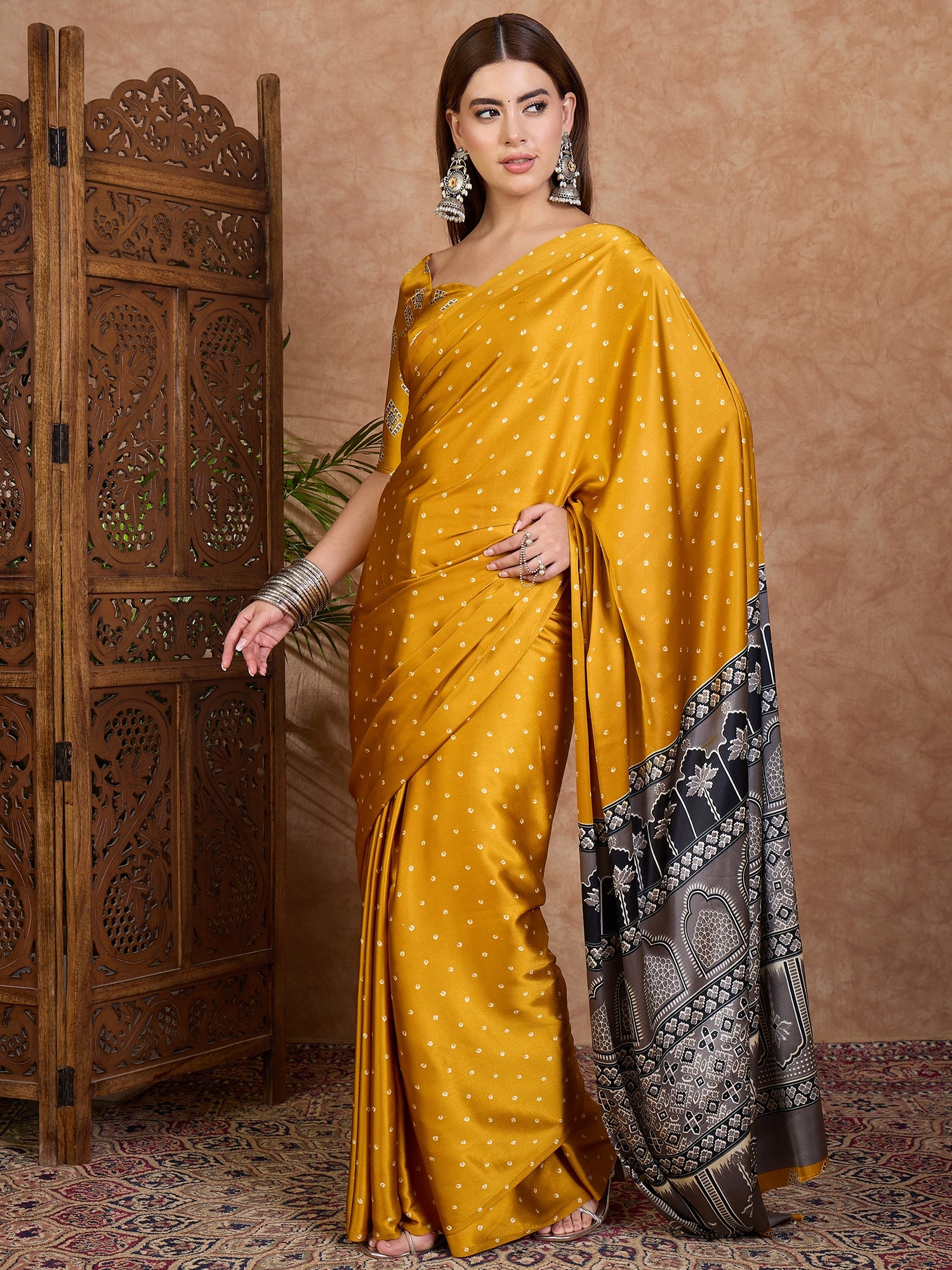 Scrupulous Party Wear Satin Silk Ajrak Printed Rich Pallu Designer Saree With Unstitched Blouse Piece