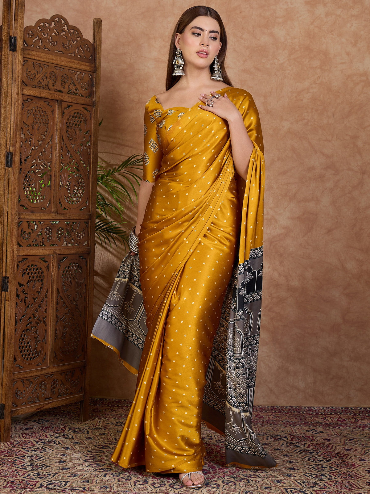 Scrupulous Party Wear Satin Silk Ajrak Printed Rich Pallu Designer Saree With Unstitched Blouse Piece