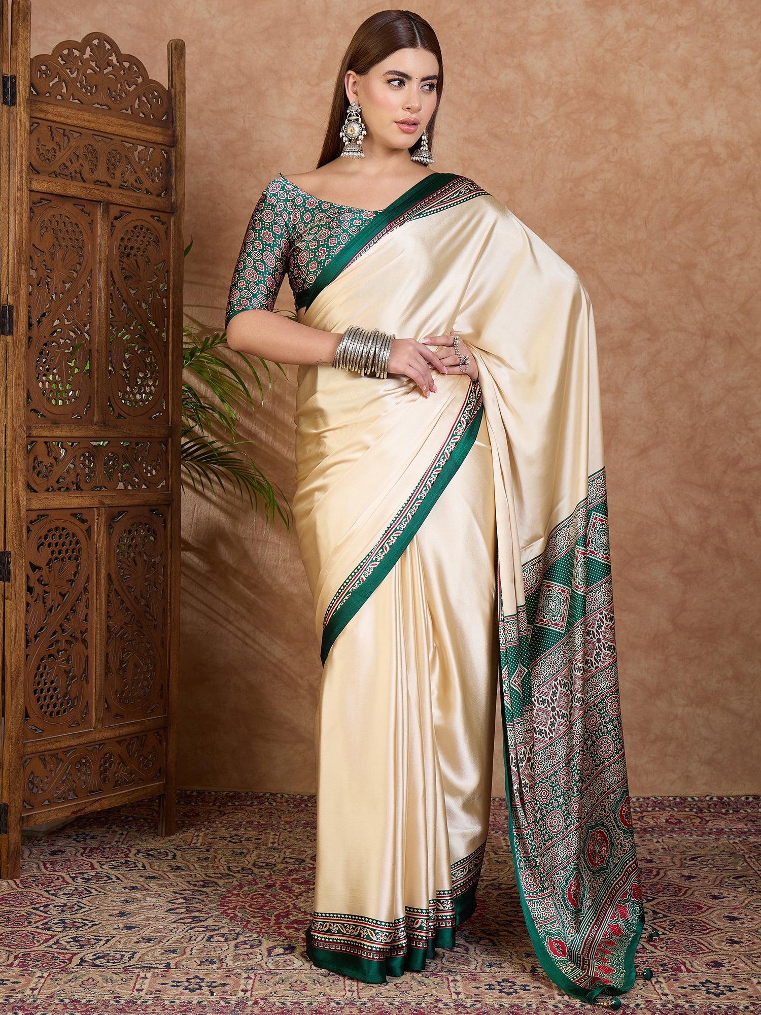 Desirable Function Wear Satin Silk Print Design Rich Pallu Fancy Saree With Unstitched Blouse Piece