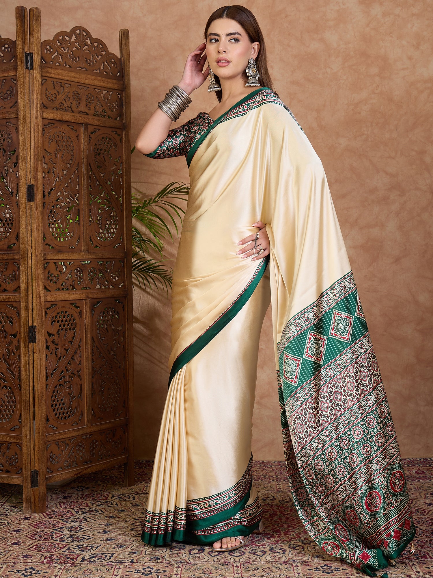 Desirable Function Wear Satin Silk Print Design Rich Pallu Fancy Saree With Unstitched Blouse Piece