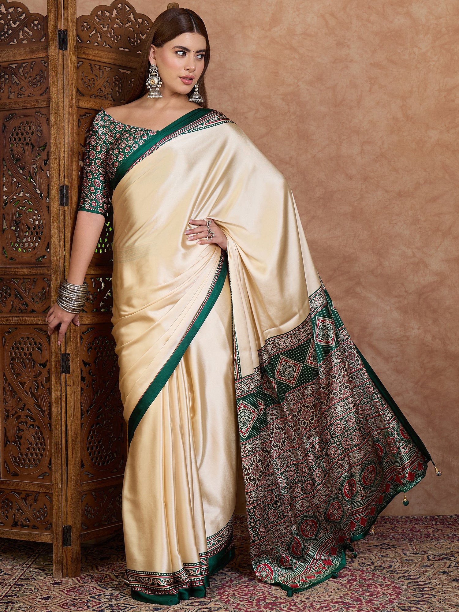 Desirable Function Wear Satin Silk Print Design Rich Pallu Fancy Saree With Unstitched Blouse Piece