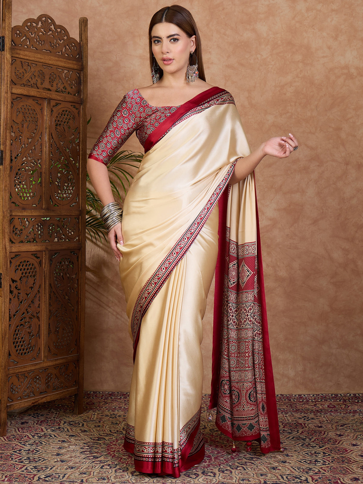 Desirable Function Wear Satin Silk Print Design Rich Pallu Fancy Saree With Unstitched Blouse Piece