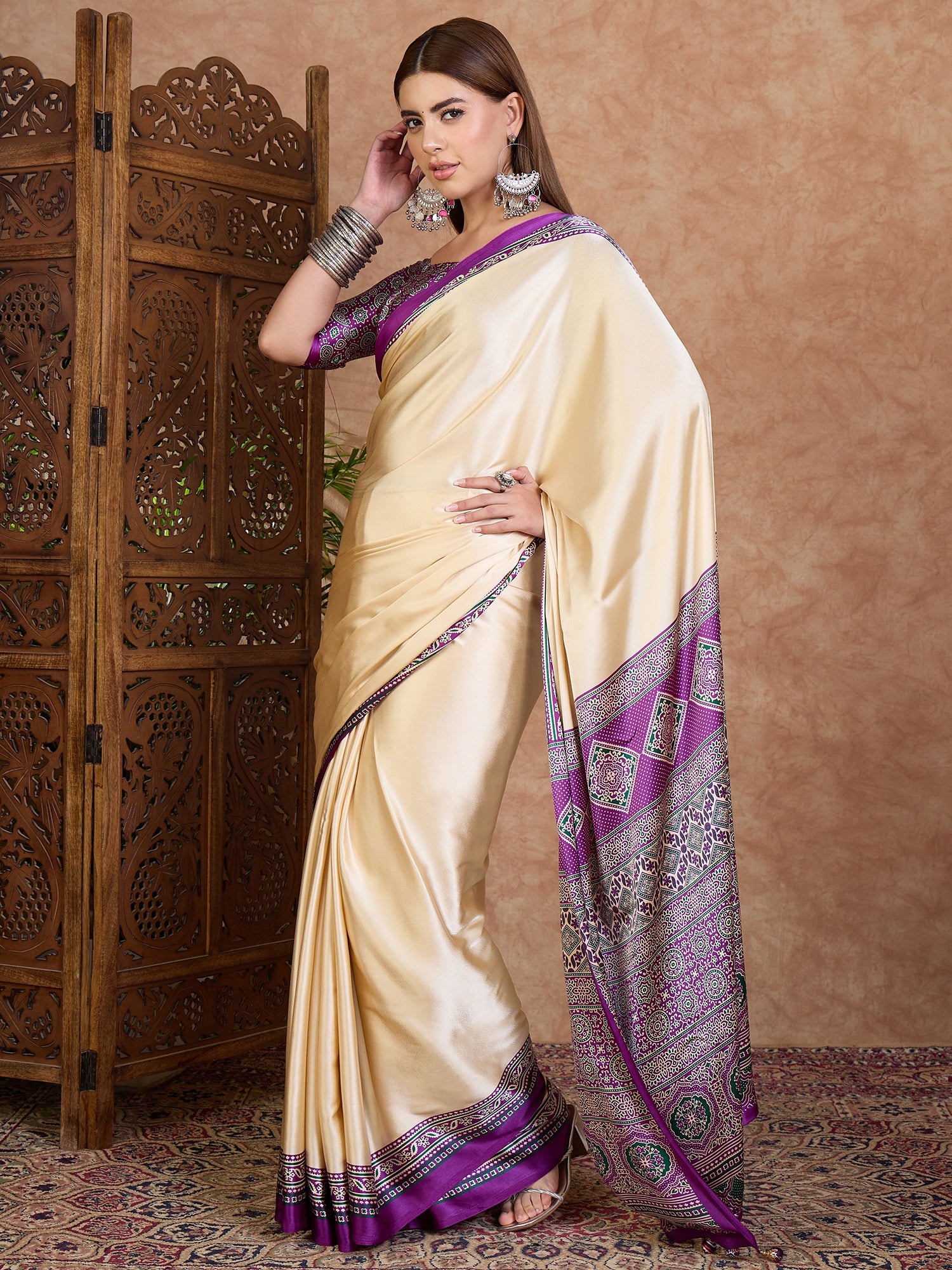 Desirable Function Wear Satin Silk Print Design Rich Pallu Fancy Saree With Unstitched Blouse Piece