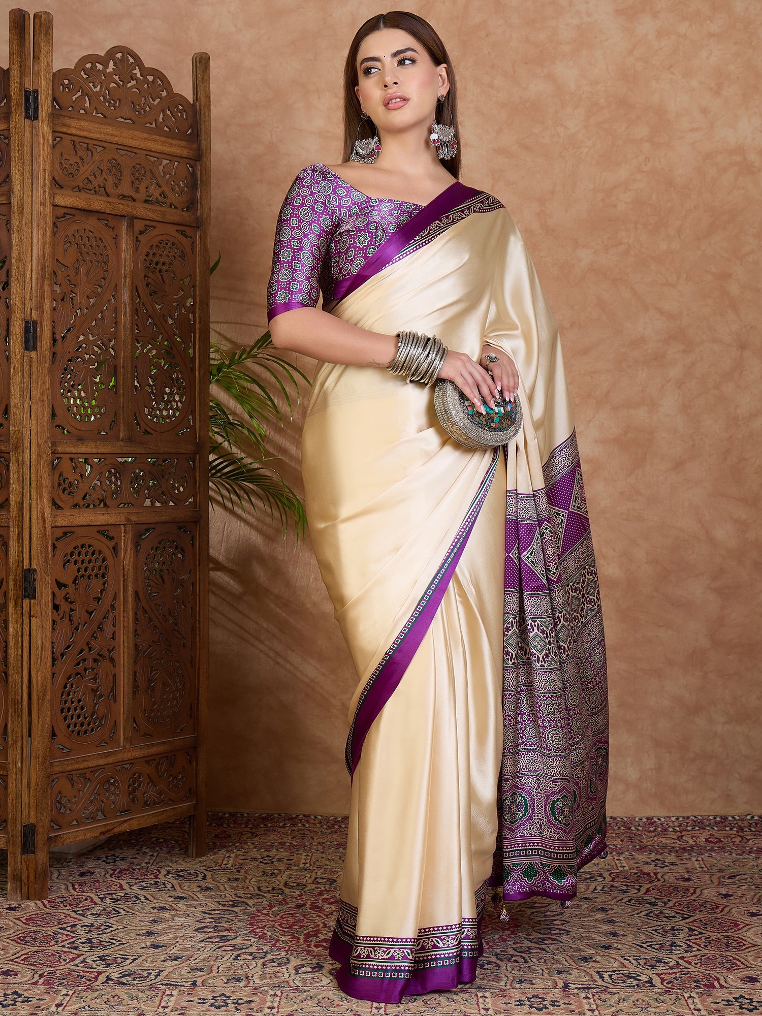 Desirable Function Wear Satin Silk Print Design Rich Pallu Fancy Saree With Unstitched Blouse Piece