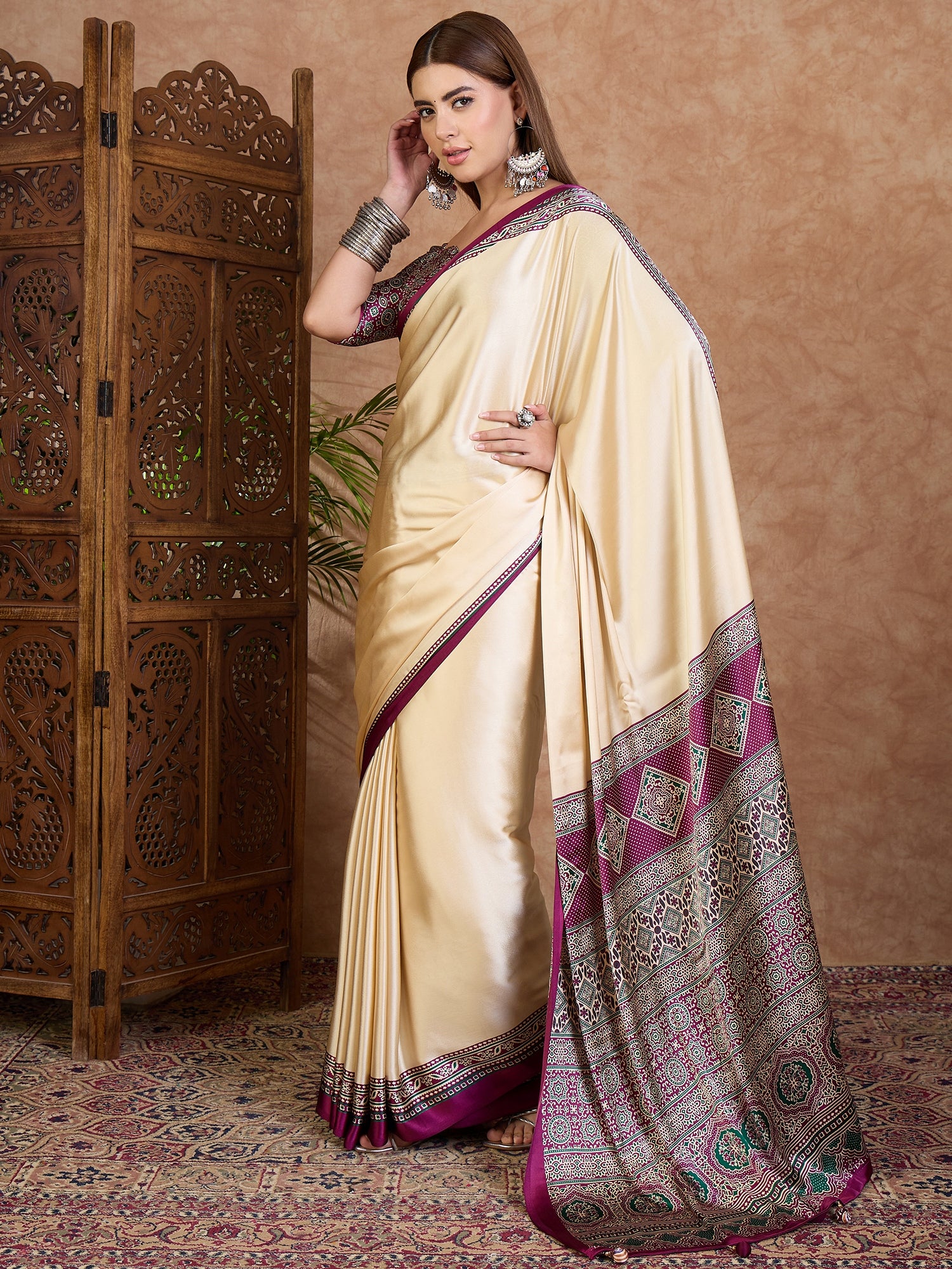Desirable Function Wear Satin Silk Print Design Rich Pallu Fancy Saree With Unstitched Blouse Piece
