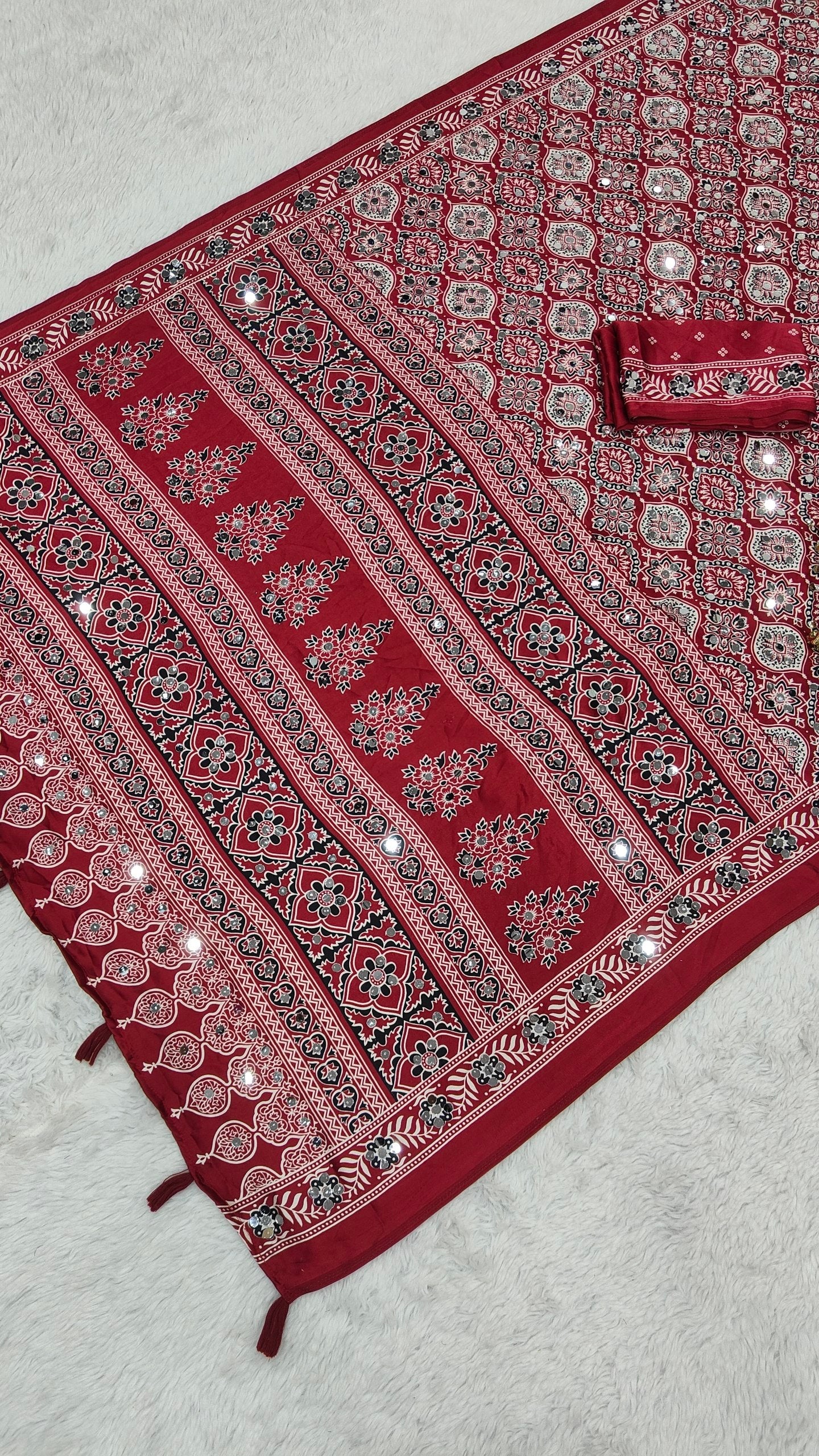 Charming Festive Wear Satin Silk Heavy Mirror n Latkan Pallu Designer Saree With Unstitched Blouse Piece