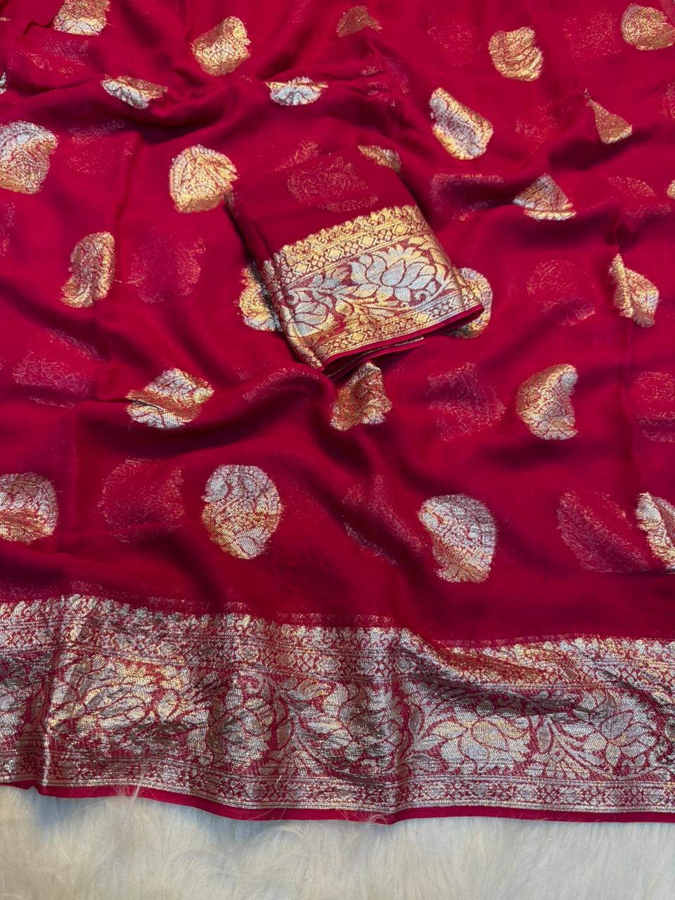 Elegant Party Wear Pure Viscose Georgette Jacquard Weaving Work Fancy Designer Saree With Blouse