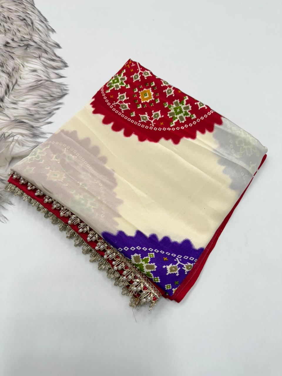 Blossom Festive Wear Satin Silk Real Ajrak Print n Heavy Moti Lace Border Fancy Saree With Blouse Piece