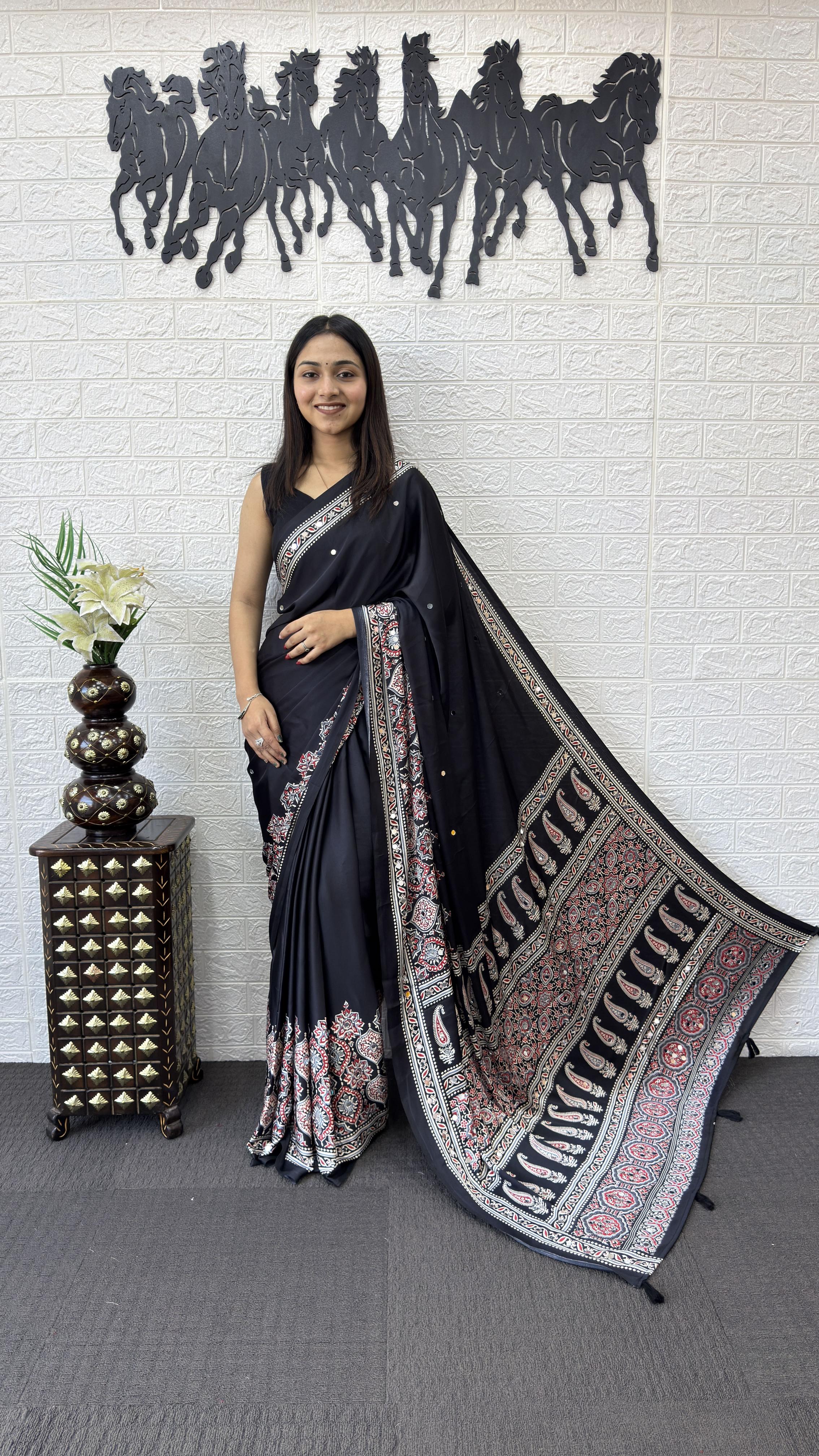 Divine Function Wear Satin Silk Heavy Mirror n Latkan Pallu Designer Saree With Unstitched Blouse Piece