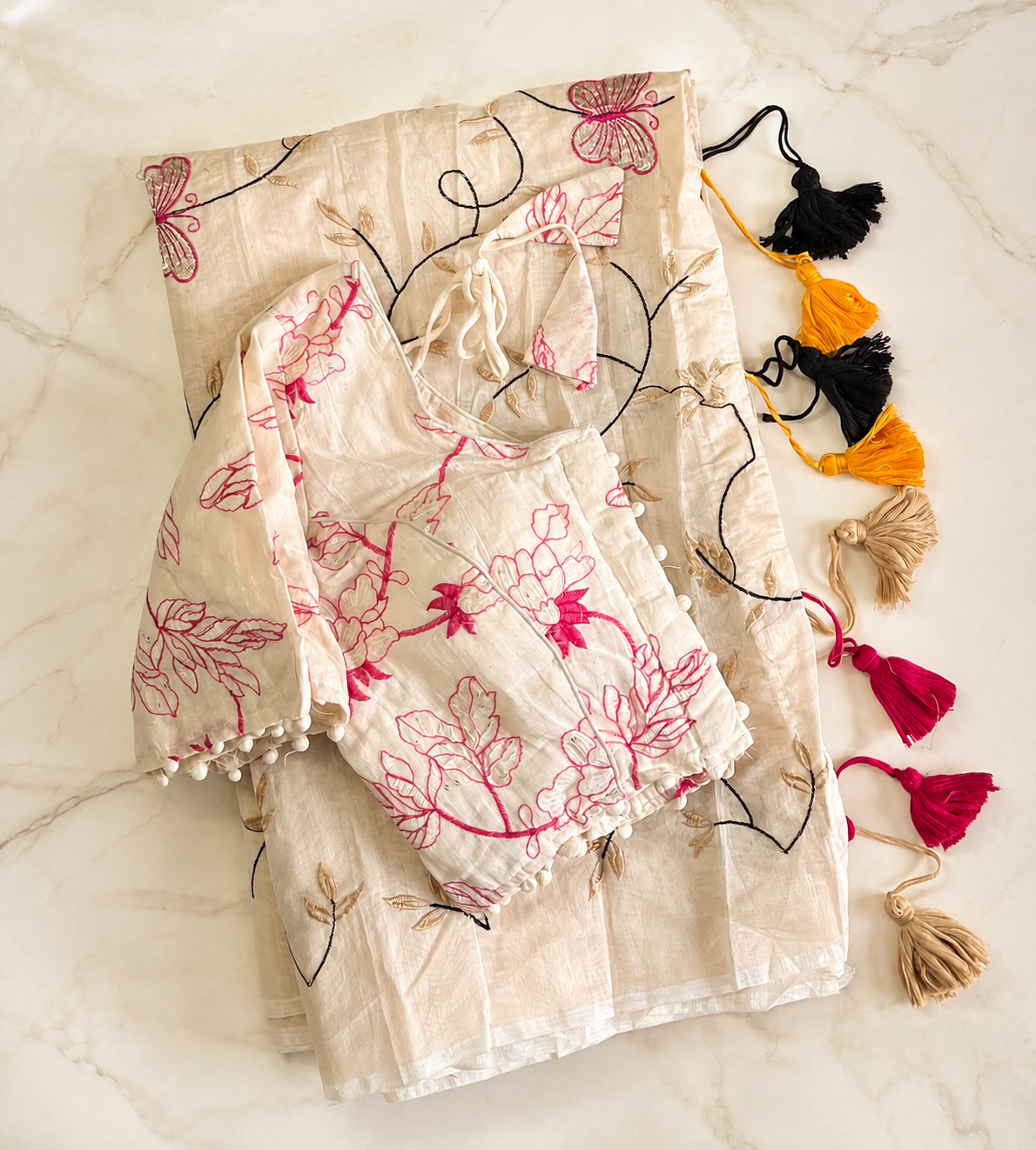 Marvellous Festive Wear Chanderi Cotton Embroidery n Tussels Work Fancy Saree With Stitched Blouse