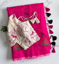 Load image into Gallery viewer, New Function Wear Chanderi Cotton Embroidery n Tussels Work Fancy Designer Saree With Stitched Blouse
