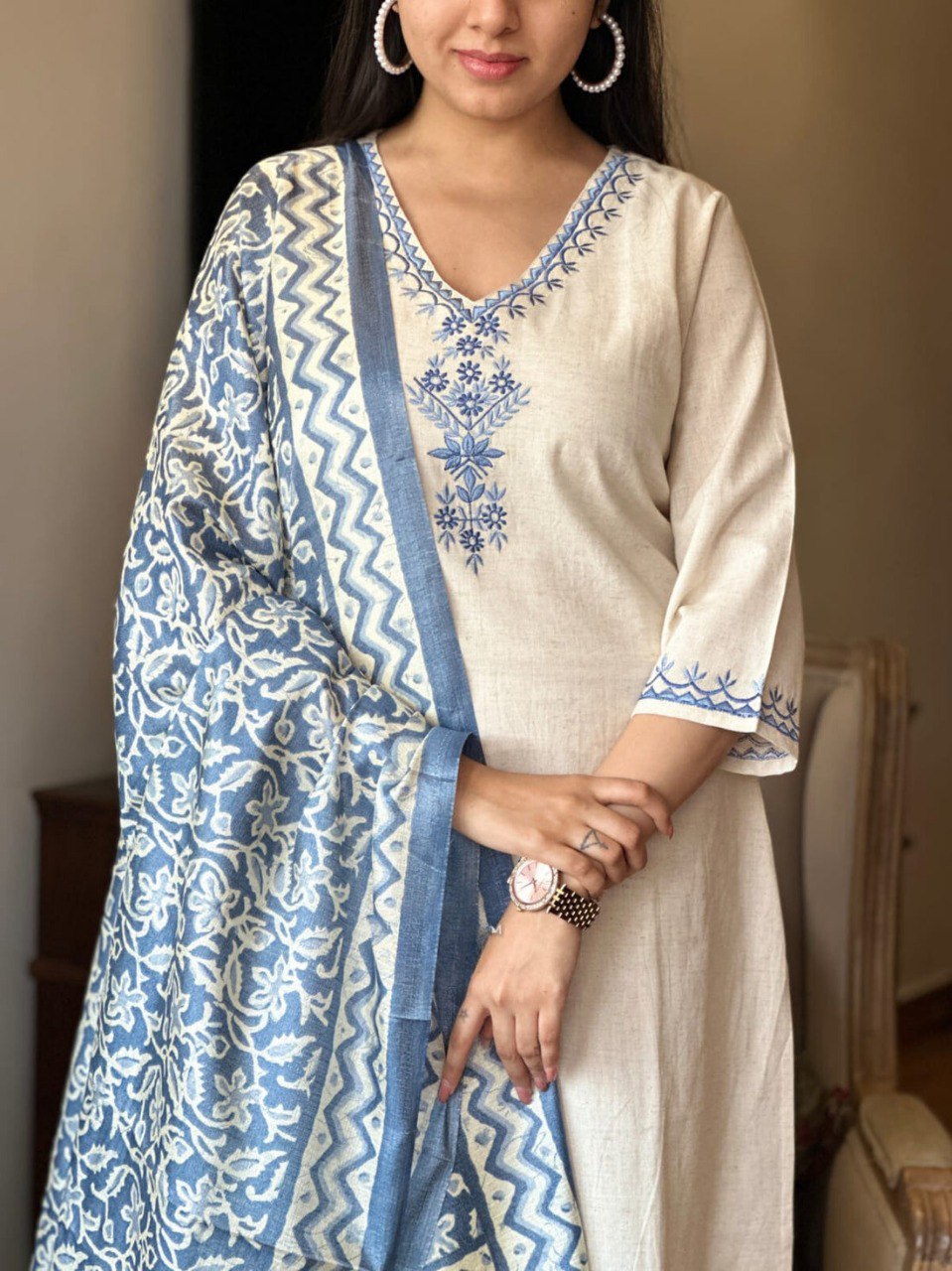 Scrupulous Festive Wear Cotton Embroidery Work Designer Straight Kurta With Trouser Dupatta Set