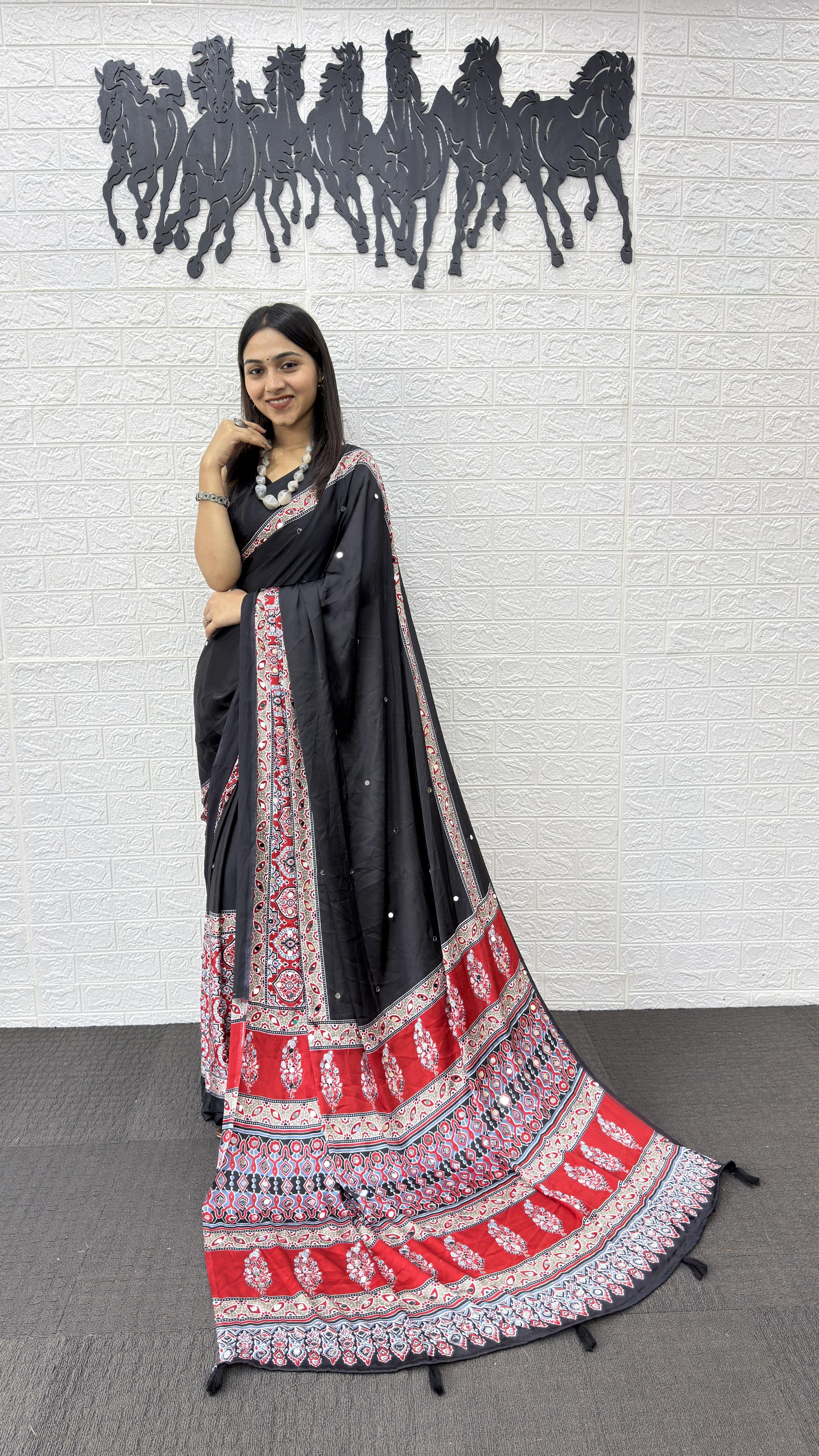 Regal Festive Wear Satin Silk Heavy Mirror n Latkan Pallu Designer Saree With Unstitched Blouse Piece