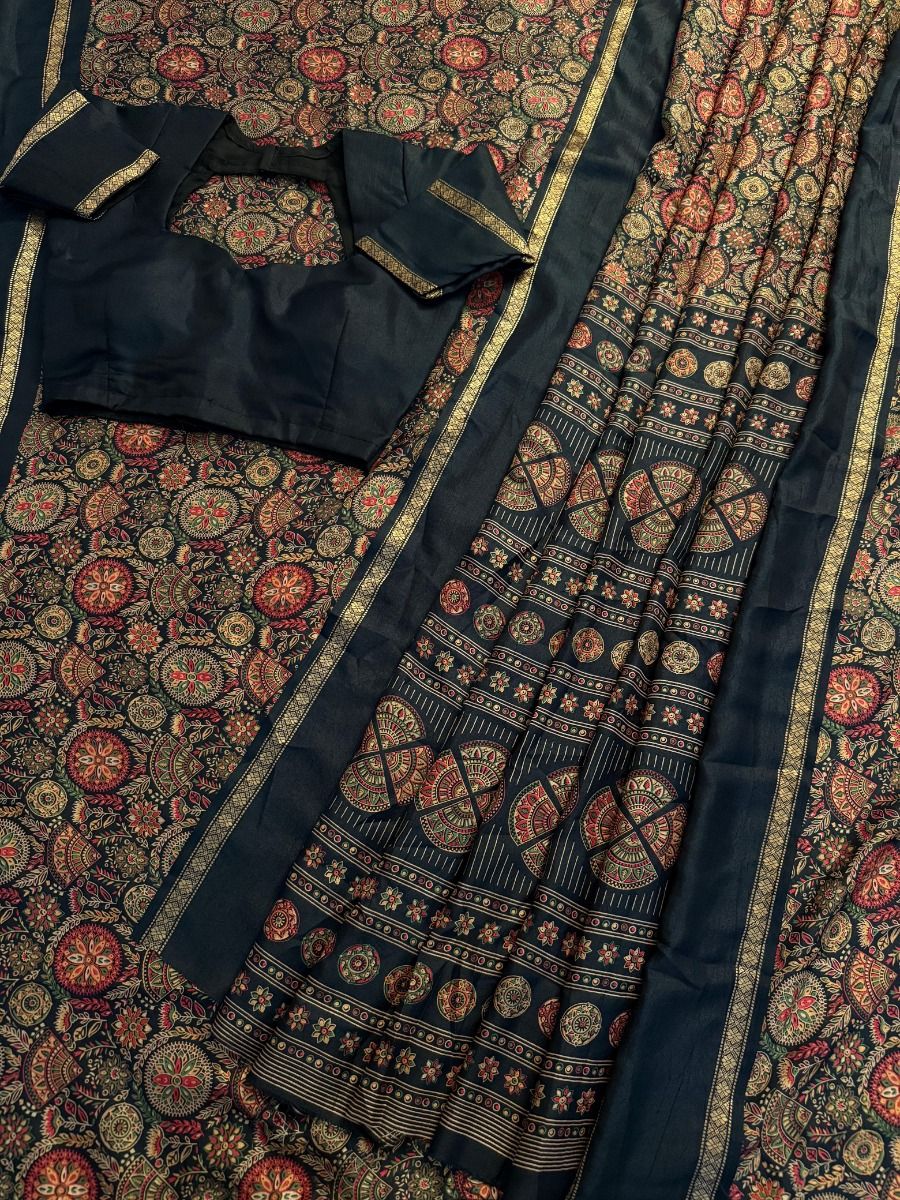 Divine Party Wear Pure Soft Tussar Kashmiri Silk Printed n Zari Work Border Rich Pallu Designer Saree With Unstitched Blouse