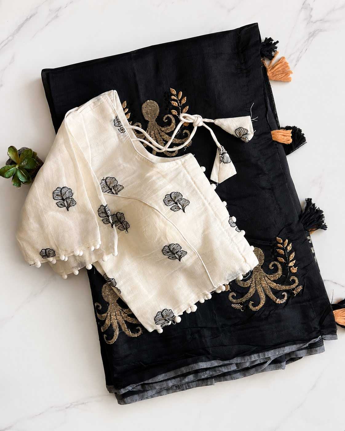 Desiring Function Wear Chanderi Cotton Embroidery n Tussels Work Fancy Saree With Stitched Blouse