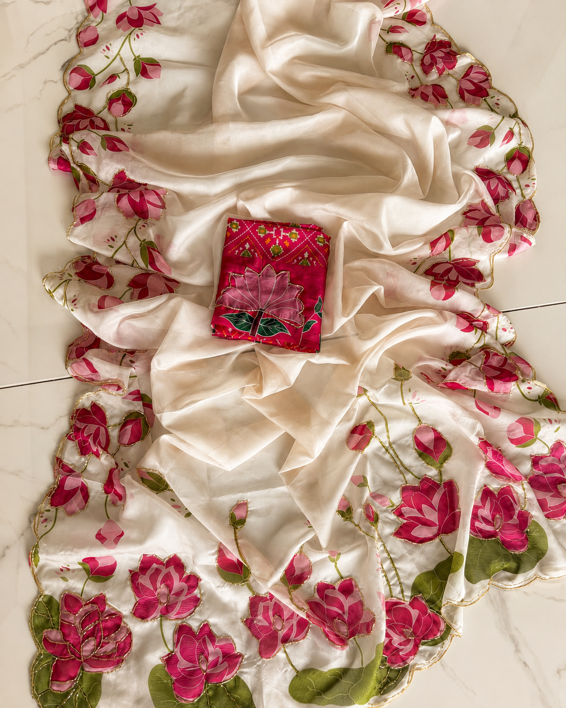 Glamorous Wedding Wear Pure Soft Silk Floral Prints n Handwork Designer Saree With Contrast Blouse Piece