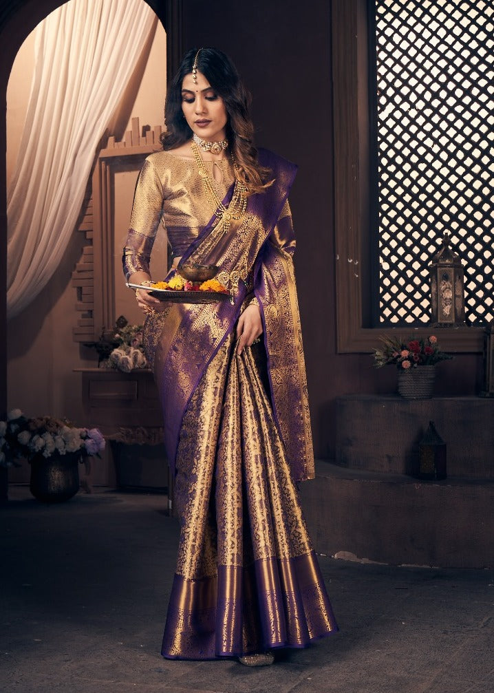 Wedding Wear Purple Color Kanjivaram Silk Pure Zari Weaving with Beautiful Meena Weaving Saree