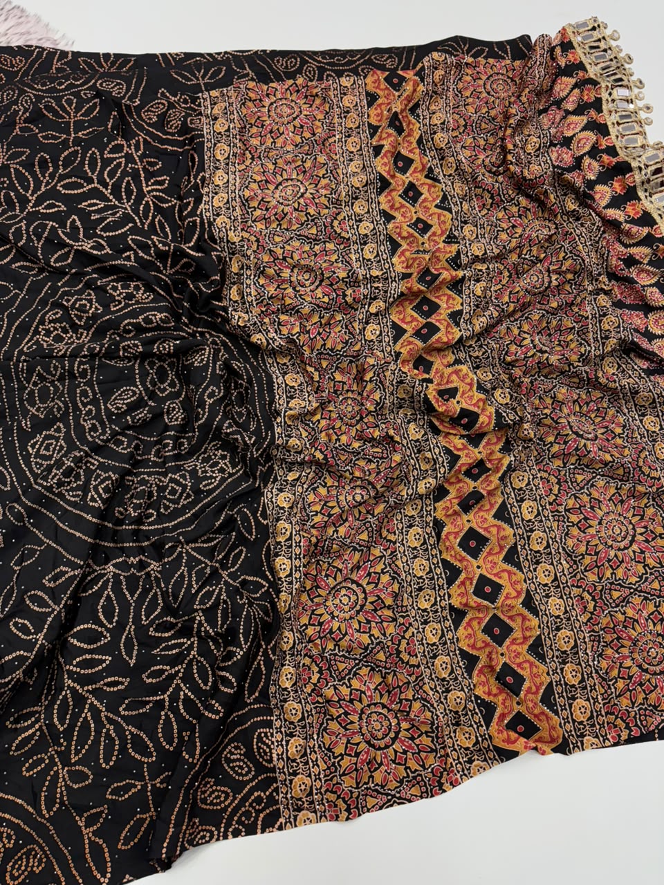 Evocative Party Wear Pure Satin Silk Ajrak Printed Rich Pallu n Siroski Work Designer Saree With Blouse Piece
