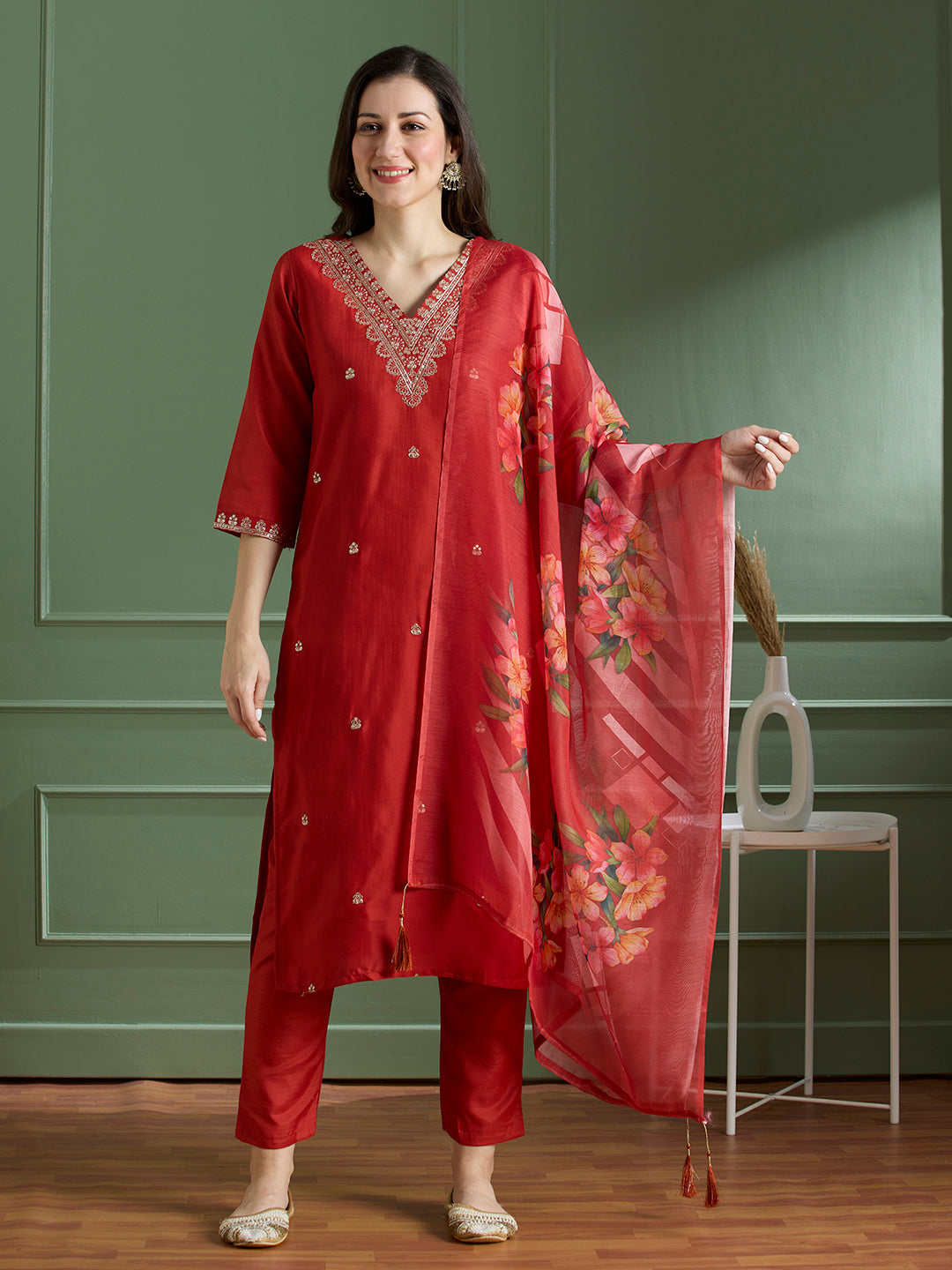 Luxurious Party Wear Rayon Silk Embroidery n Sequence Work Designer Straight Kurta With Trouser Dupatta Set