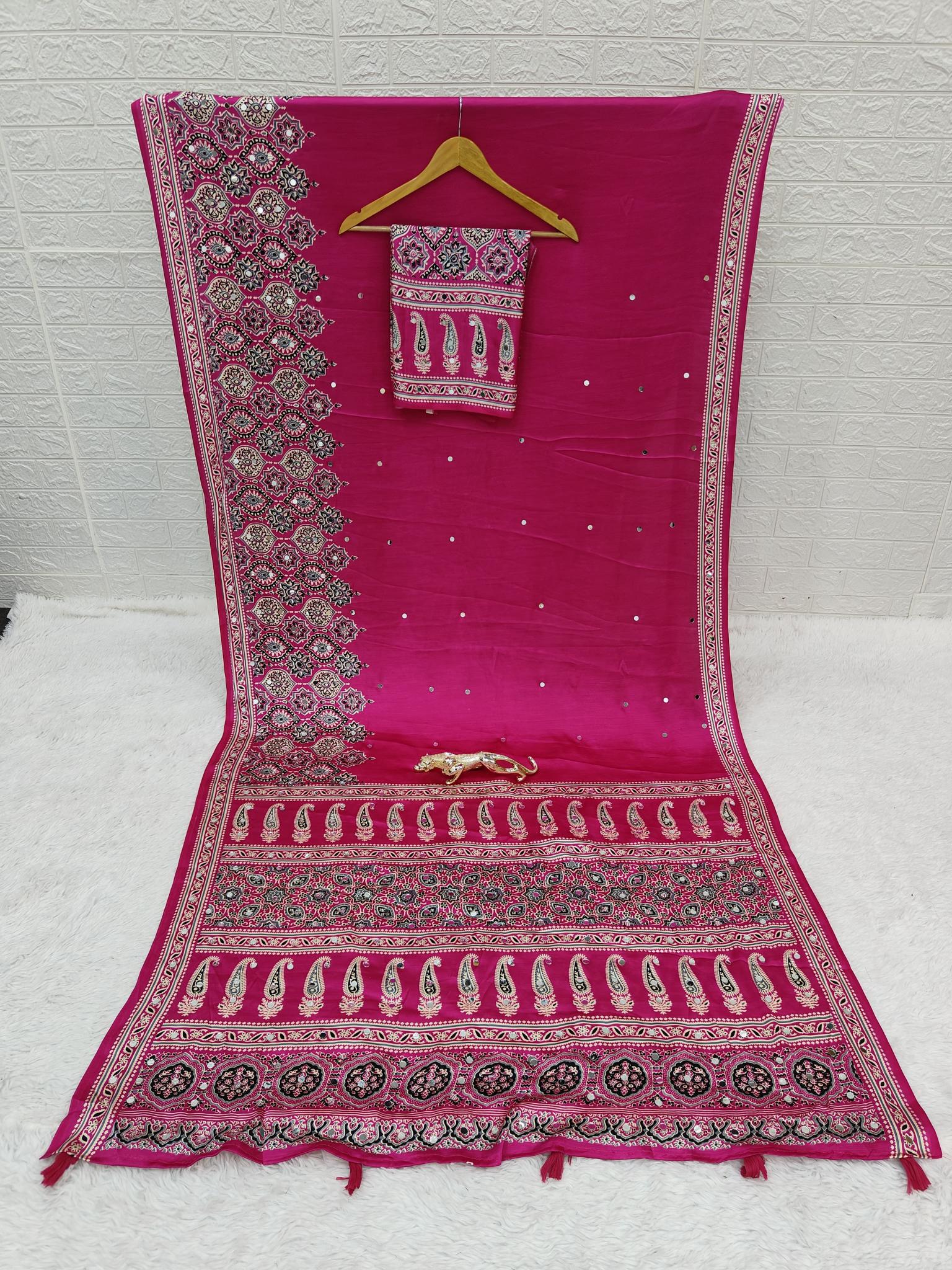 Divine Function Wear Satin Silk Heavy Mirror n Latkan Pallu Designer Saree With Unstitched Blouse Piece